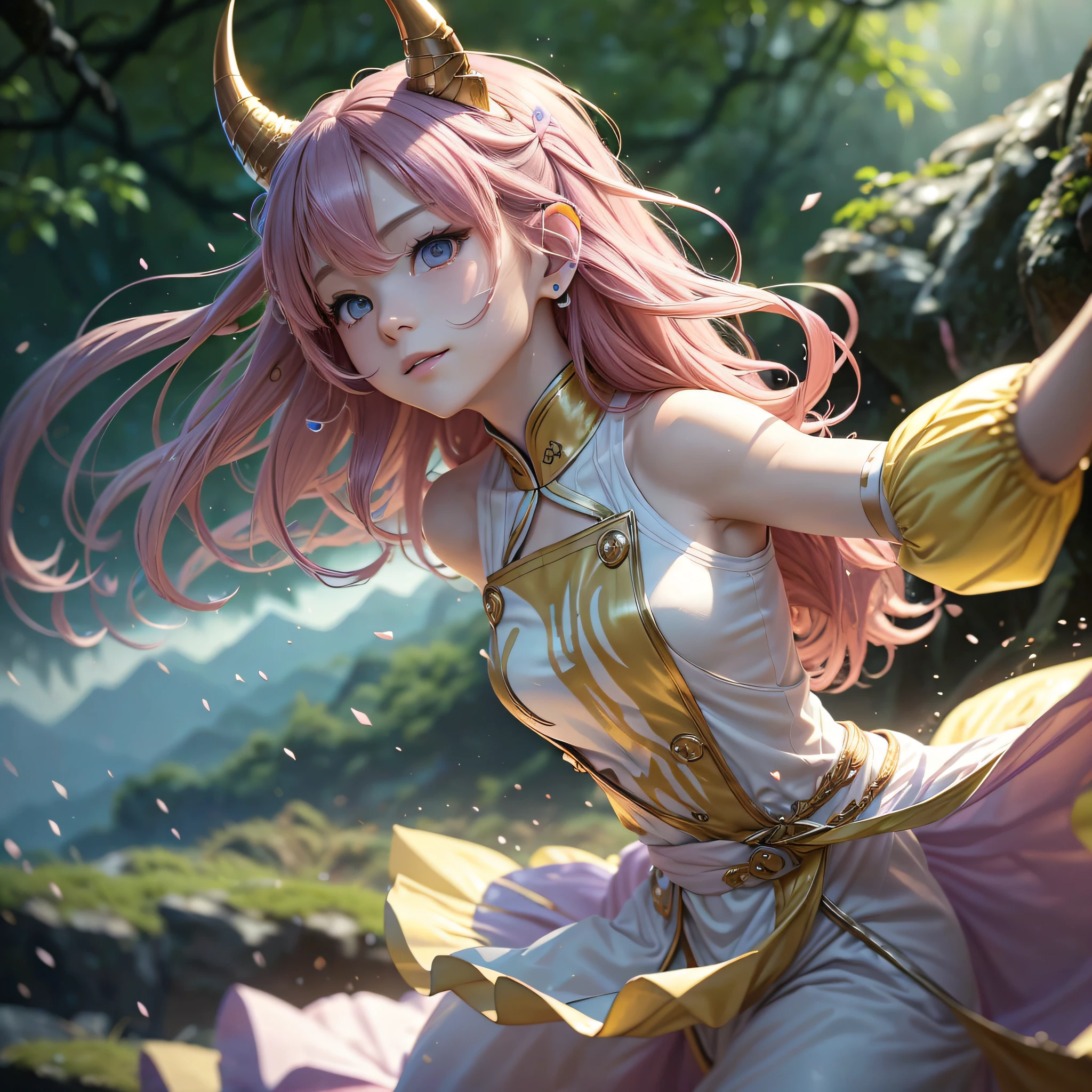 (masterpiece, top-quality, supreme, Official Art, Beautifully Aesthetic, 8k、long exposure time: 1.2), Smooth movement, Charming Patterns, one girls, (Long martial arts suit: 1.3), (((Yellow clothes))), bare shoulders, A Chinese girl, (chinese clothes)、red blush, (A pink-haired), Twin-tailed、(Purple eyes)、(((Hide your ears with hair)))、portraitures, 独奏, looking at the observer, 细致背景, A detailed face, (great outdoors),dynamicposes、particles floating、ethereal dynamics、fronds、Hold your fists、(Sheep's Horn)、forest in background、green tint、the woods、Ethereal Atmosphere、kawaii、a smile、Looking at the camera、a beauty girl --auto
