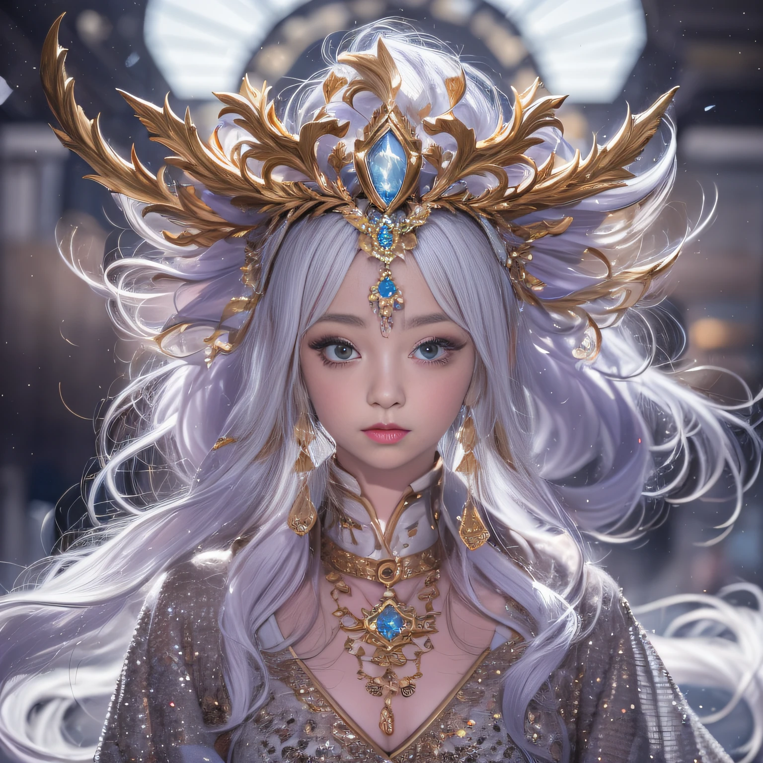 16k（tmasterpiece，k hd，hyper HD，16k）short detailed hair，Gold jewelry area in the back room，King Girl ，Silver Dragon Protector （realisticlying：1.4），Python pattern robe，Purple-pink tiara，Snowflakes fluttering，The background is pure，Hold your head high，Be proud，The nostrils look at people， A high resolution， the detail， RAW photogr， Sharp Re， Nikon D850 Film Stock Photo by Jefferies Lee 4 Kodak Portra 400 Camera F1.6 shots, Rich colors, ultra-realistic vivid textures, Dramatic lighting, Unreal Engine Art Station Trend, cinestir 800，Hold your head high，Be proud，The nostrils look at people