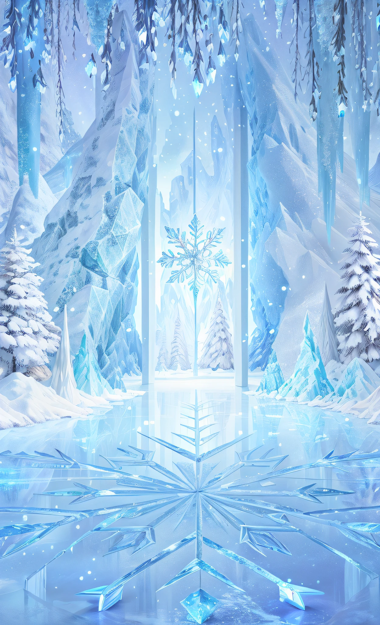 There are frozen scenes of trees and snowflakes, pillars of ice background, light kingdom backdrop, a crystalline room, ice gate, surreal frozen landscape, icey tundra background, vast ice dungeon, fantasia de cena de inverno, Arte conceitual de inverno, Crystal Forest, Anime background art, beautiful fractal ice background, entrance to ethereal realm, ice city in 2 0 8 0