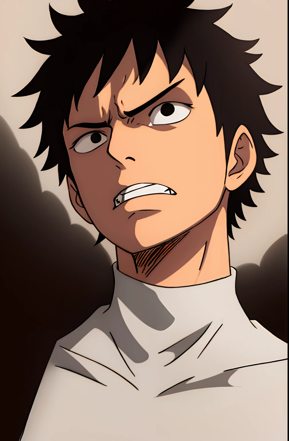 1boy, wanostyle, black hair, messy hair, short hair, black eyes, serious, angry, white turtleneck shirt, teeth, ((masterpiece)), (best quality), (extremely detailed), depth of field, sketch, dark intense shadows, sharp focus, soft lighting, hdr, colorful, good composition, spectacular, anime screencap, holding a sword, , 44k, 8k uhd,