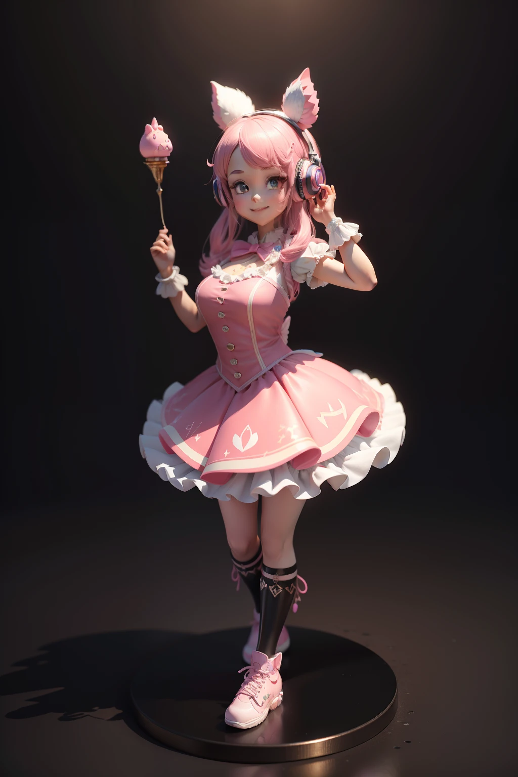 (Ma sterpiece), (Excellent), (Ultra Detailed), (FullBody: 1.2 ) , (So litar y) , Pink Theme, Piggy Magician,Cute, Open Mout h, Smile, Headphones, Chubby,Popmart Blind Box, Clay Texture, Stepping on theEarth, Black and White Background, Natur al Light,Best Quality, Ultr a Detail, 3D Art, C4D, OCRendere r, 3D Renderi ng, 8K