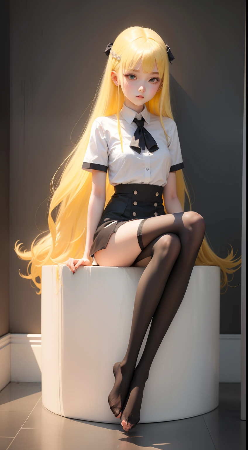 1girll，Long legs，black lence stockings，white legwear，the feet，Plantar of the foot，Yellow hair