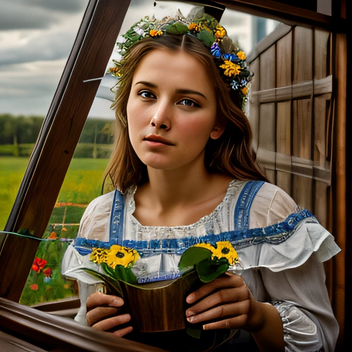 bouquet of wildflowers, pretty young peasant woman watering the flowers, open window with stormy sky, old wooden table, Romanticism, backlighting, ray tracing, f/16, Canon, masterpiece, high quality, 8k