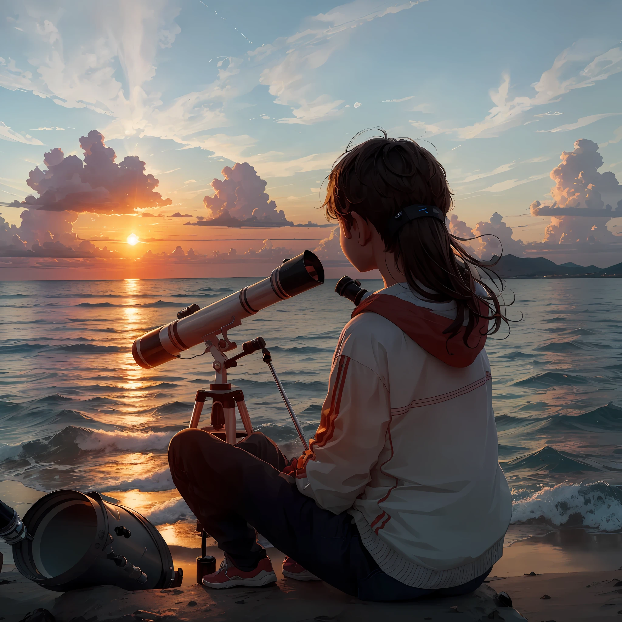 A boy watches the sunset with a telescope,4K quality,Backshot,realisticlying