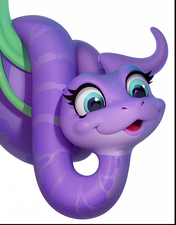C4D cartoon snake，Purple snake with blue eyes, Very cute snake,Expression smiley face，Hang on a branch， soft delicate draconic features, Cute little snake, high qulity