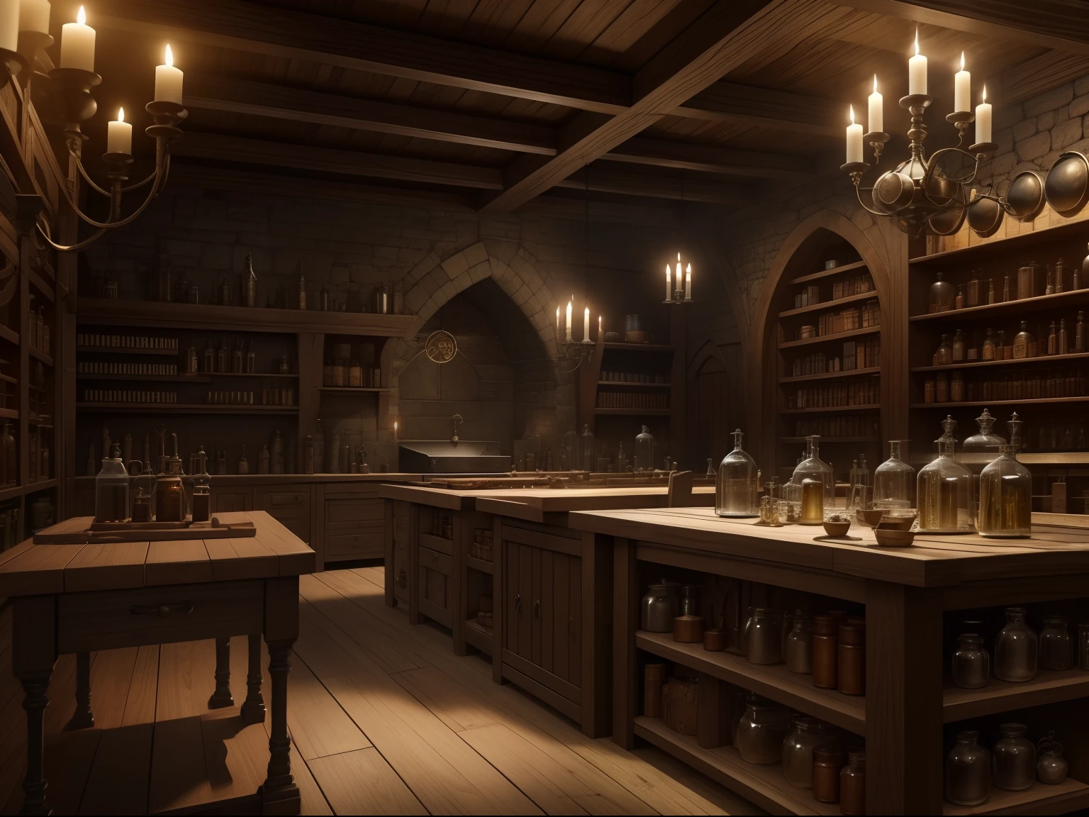 Alchemy Laboratories of the Medieval School of Magic: Salas equipadas com retortas, cauldrons and a myriad of magical and natural ingredients. Aqui, estudantes e alquimistas se empenham em experimentos e misturas, in search of powerful potions and elixirs.