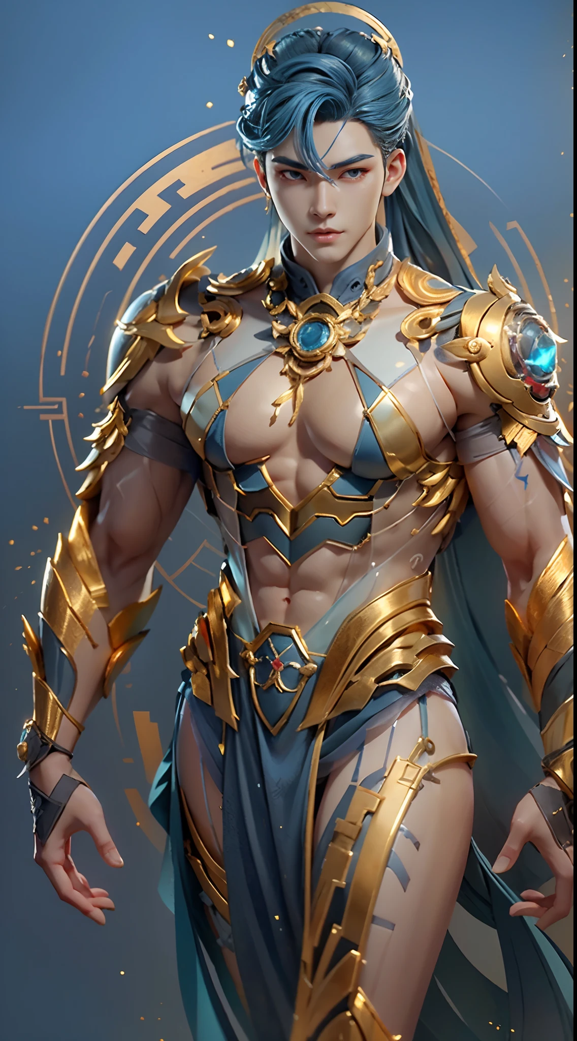 Sculpture design,Figures,GK model,(The whole body of the character),Expose muscles,(sexy for),(Exquisite base),The color of the clothes is gold,Blue and white colors,Transparent texture,Wu Yifan,Handsome cybernetic boy looking at camera lingerie detailed muscular reality masterpiece,musculous