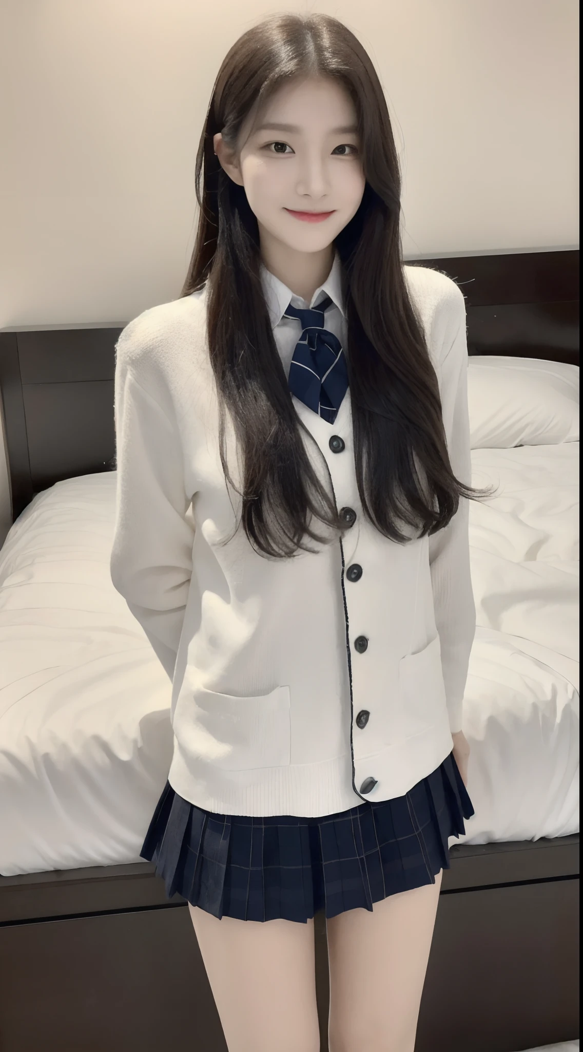 (1 Korean star with royal sister style), ((Best quality, 8K, 巨作: 1.3)), focal point: 1.2, Perfect body proportions: 1.4, (Make a smile), Watery eyes, Highly Detailed Face and Skin Textur, Fine eyes, Double eyelids, Whitens the skin, (Shawl straight hair: 1.3), (face round: 1.5), (JK school uniform: 1.4), (JK style:1.4),(Girls' bedroom:1.3)(sit on a bed:1.3),(with perfect legs:1.3)