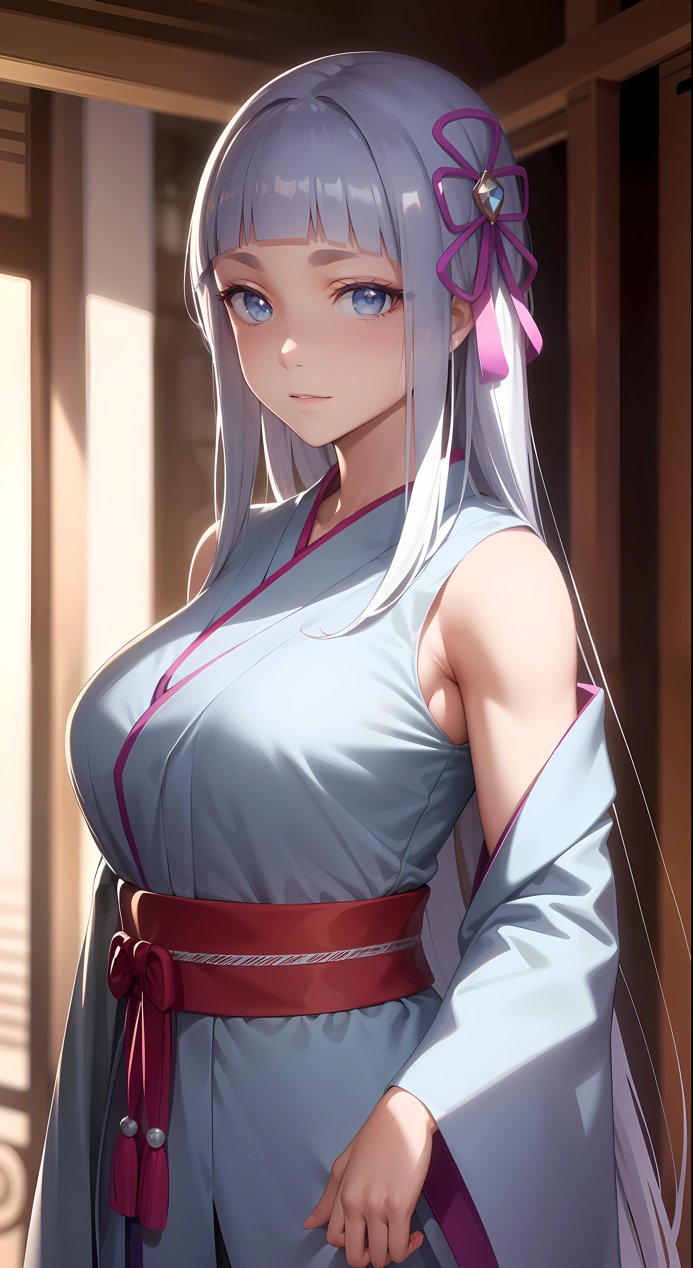 hair ornament, very long hair, japanese clothes, professional artwork, Intricate Details, field of view, sharp focus, detailed painting, photorealistic lighting, trending on pixiv, Standing at attention, ((large breasts:1,3)), Beautiful body,Beautiful Nose,Beautiful character design, perfect eyes, perfect face, looking at viewer, proper clothes,official art,extremely detailed CG unity 8k wallpaper, perfect lighting,Colorful, Bright_Front_face_Lighting, (masterpiece:1.0),(best_quality:1.0), ultra high res,4K,ultra-detailed, photography, 8K, HDR, highres, absurdres:1.2, Kodak portra 400, film grain, blurry background, bokeh:1.2, lens flare, (vibrant_color:1.2), shikkoku_yorihime, (seductive look), ((looking at viewer, front body))