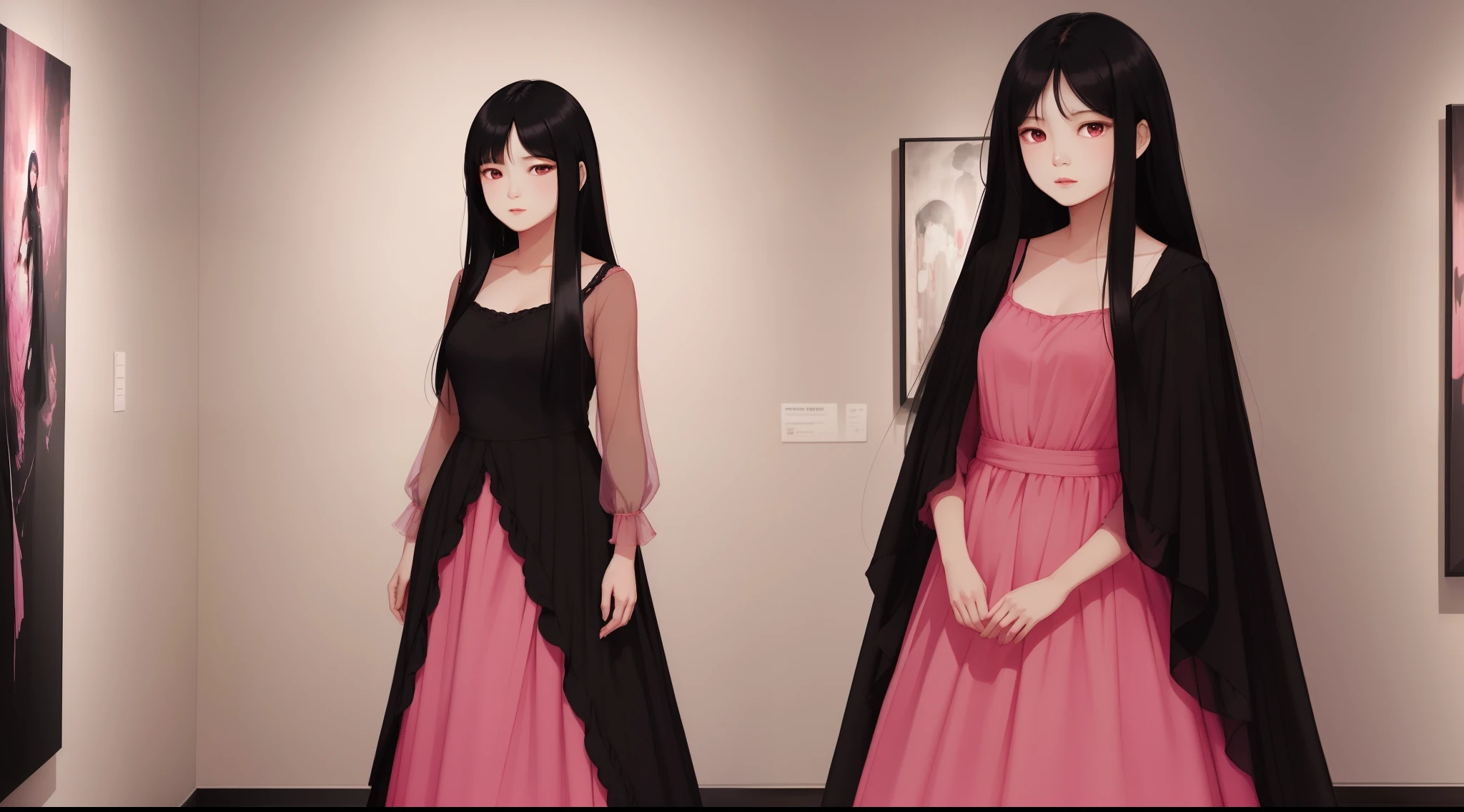 "Generate an image of a young Asian woman with long black hair. She has a beautiful face and is wearing a pink formal dress. She is standing in a small art gallery, looking at the camera with a serious expression, exuding a mysterious aura."