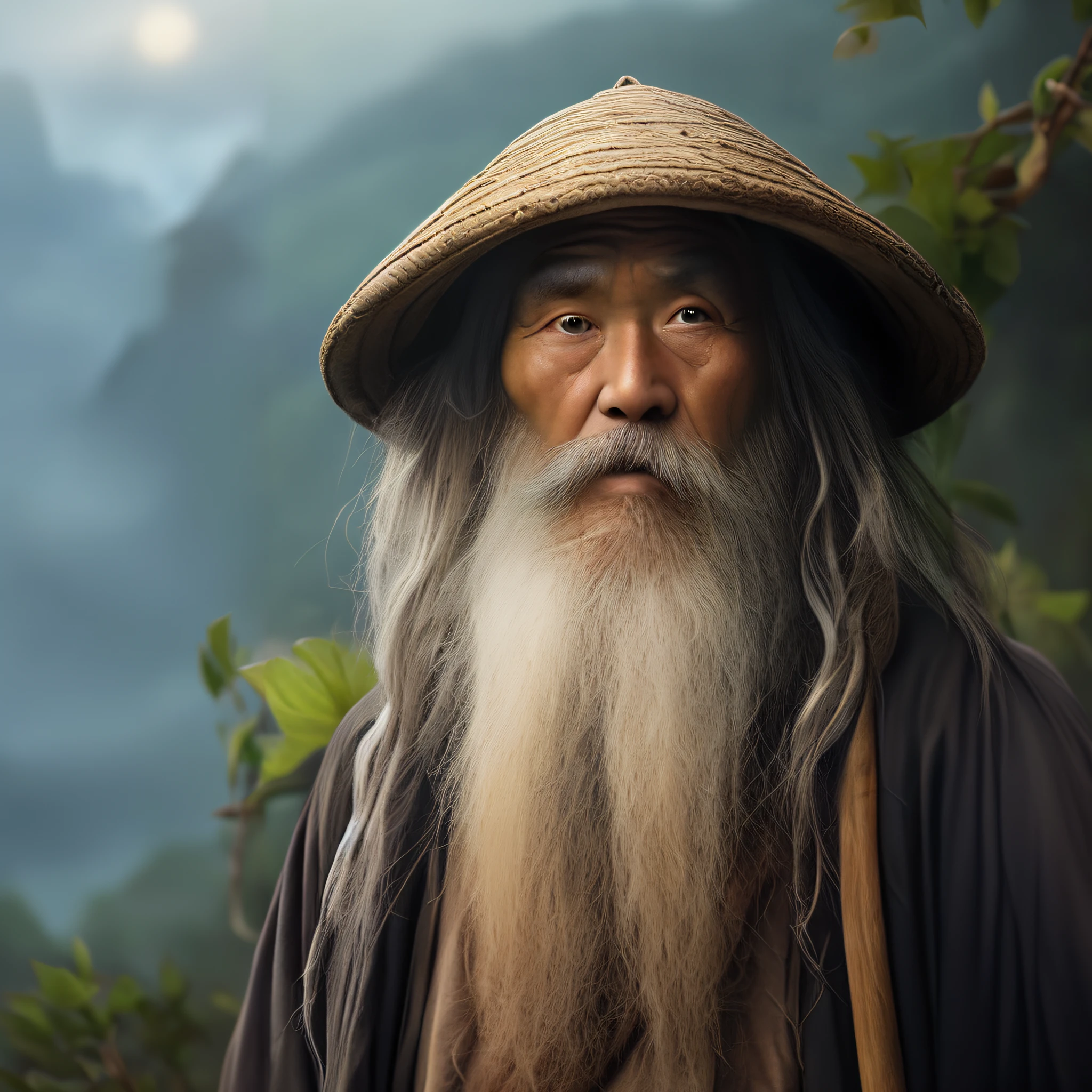 An Arafede man with a long white beard and hat stands in front of the mountain, portrait of gandalf, A portrait of a wizard, Wise old man, realistic digital painting, Realistic digital painting, hyper realistic digital painting, highly realistic digital art, stunning digital painting, very detailed digital painting, An old man, Beautiful character painting, a old man, long grey beard