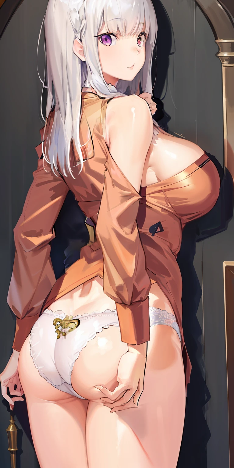 Best quality at best,highly detailed,tmasterpiece,ultra - detailed,(Fidelity:1.2),1个Giant Breast Girl,huge tit,Cocked buttocks,wearing underpants