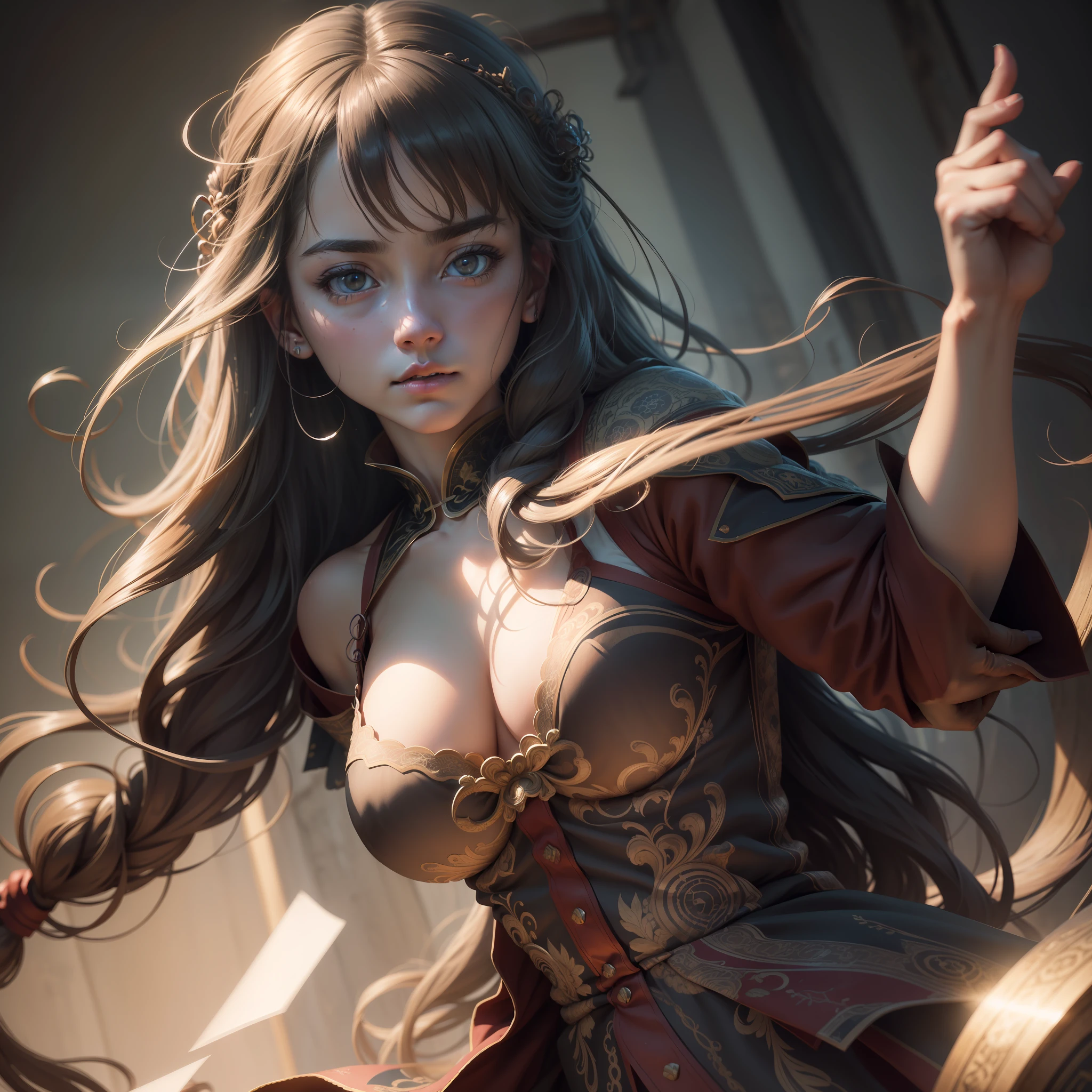 (RAW photo, best quality), (realistic, photo-realistic),best quality,highly detailed,masterpiece,ultra-detailed,illustration,1girl,upper_body,dynamic angle,world masterpiece theater,messy_long_hair,best quality,extremely detailed CG unity 8k wallpaper,ink,Amazing,cinematic lighting,lens_flare, dunhuang_style