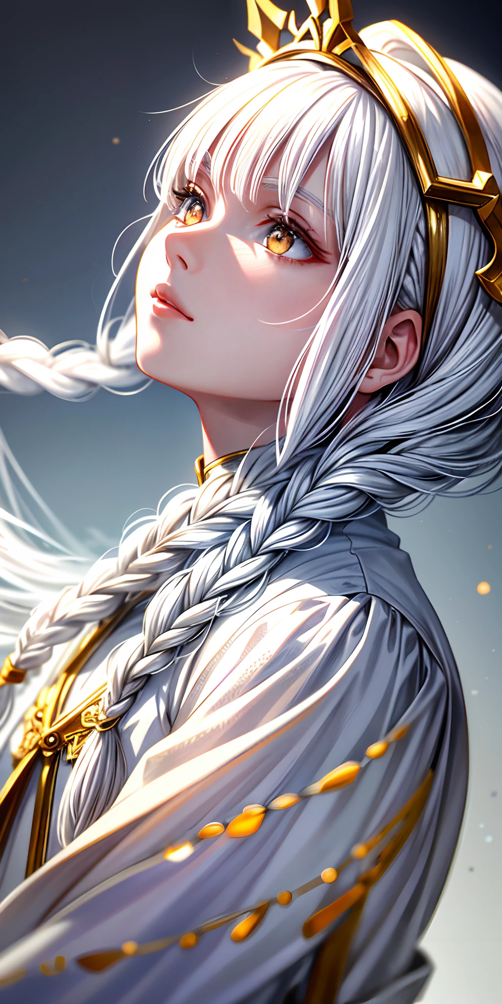 best quality, masterpiece,white hair, gold eyes,white clothes, looking up, upper body,hair strand,Fair skin,side braids