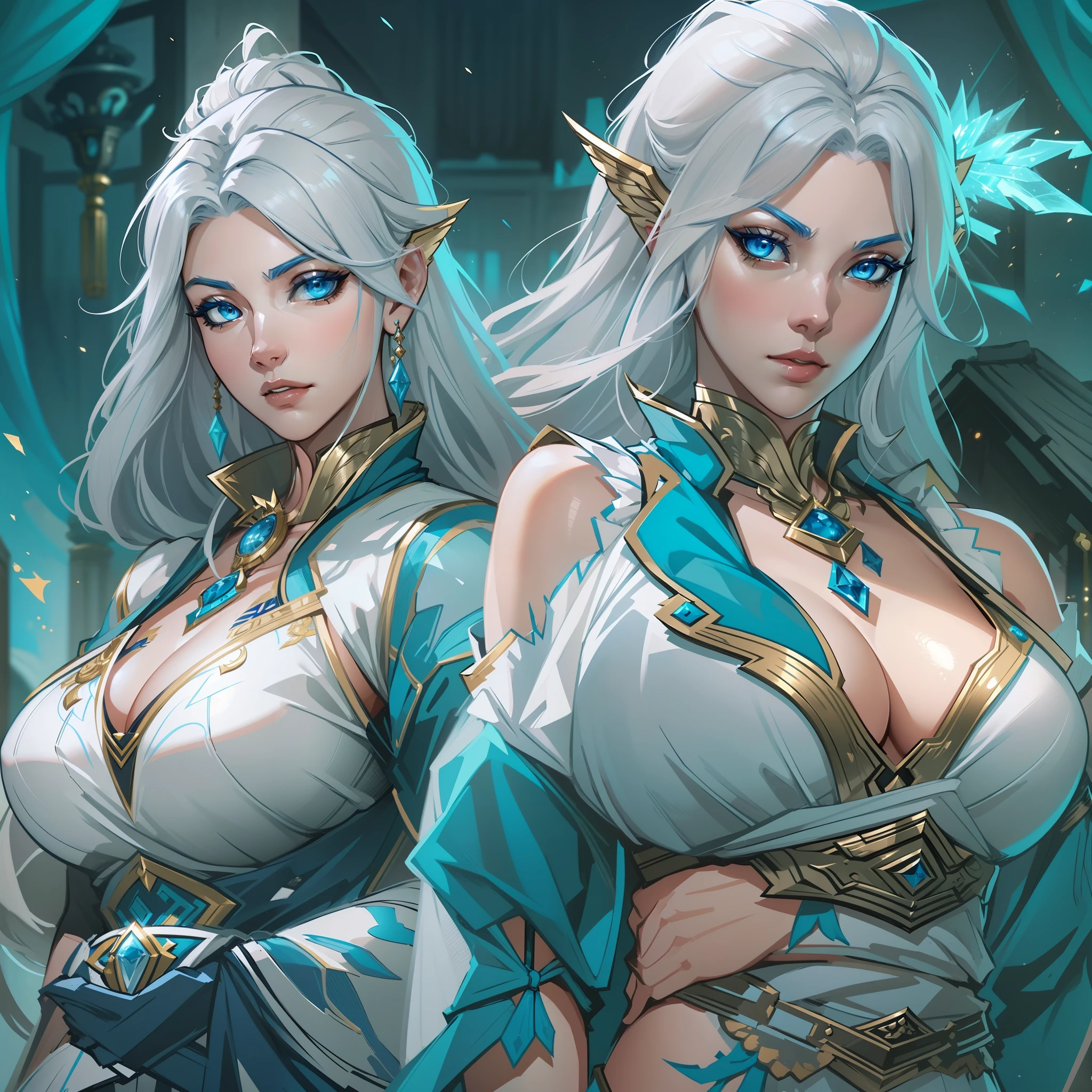 a close up of a strong amazon woman in her 30's, with blue eyes and white hair, wearing a blue and white layered ball gown dress, layered skirts, showing off her thighs, a heroine with blue eyes, female swordswoman with ice power, princess, standing in a chinese temple, new costume concept design, in the style of blade and soul, full body character concept, detailed character design, lunar themed attire, costume with blue accents, colored concept art, highly detailed character design, highly detailed face, very highly detailed face, unreal engine render, final fantasy 14 style