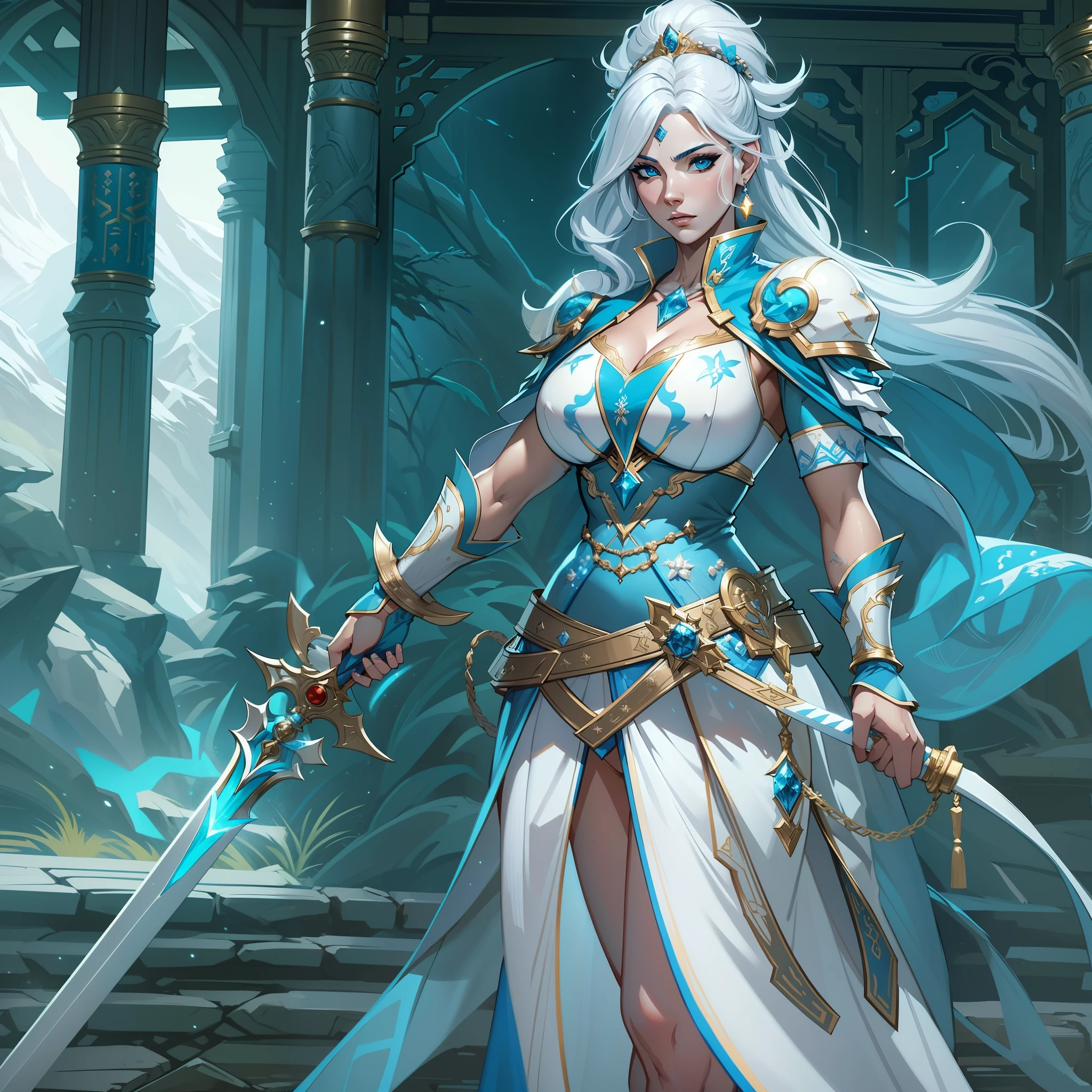 a close up of a strong amazon woman in her 30's, with blue eyes and white hair, wearing a blue and white layered ball gown dress, layered skirts, showing off her thighs, a heroine with blue eyes, female swordswoman with ice power, princess, standing in a chinese temple, new costume concept design, in the style of blade and soul, full body character concept, detailed character design, lunar themed attire, costume with blue accents, colored concept art, highly detailed character design, highly detailed face, very highly detailed face, unreal engine render, final fantasy 14 style