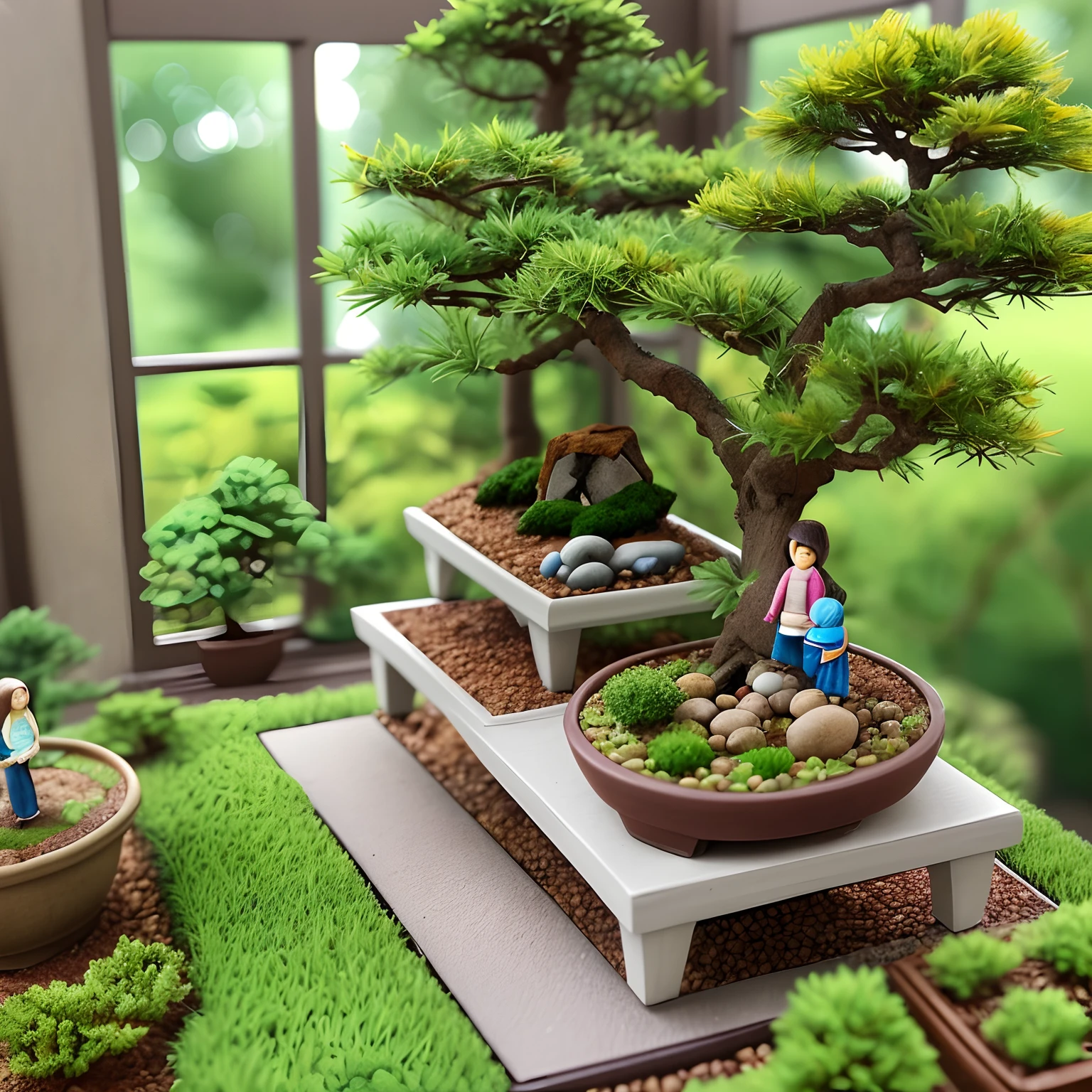 Miniature bonsai landscape with dolls above