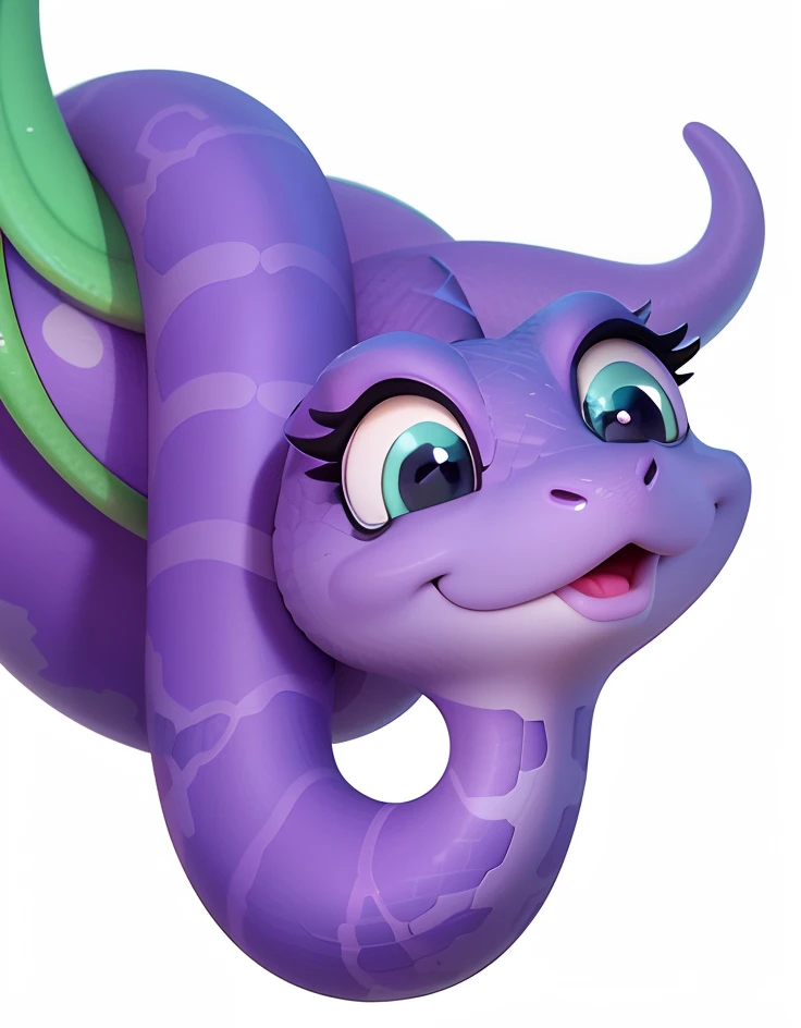 C4D cartoon snake，Blue-eyed purple snake, Very cute snake,Expression smiley face，Hang on a branch， soft delicate draconic features, Cute little snake, high qulity