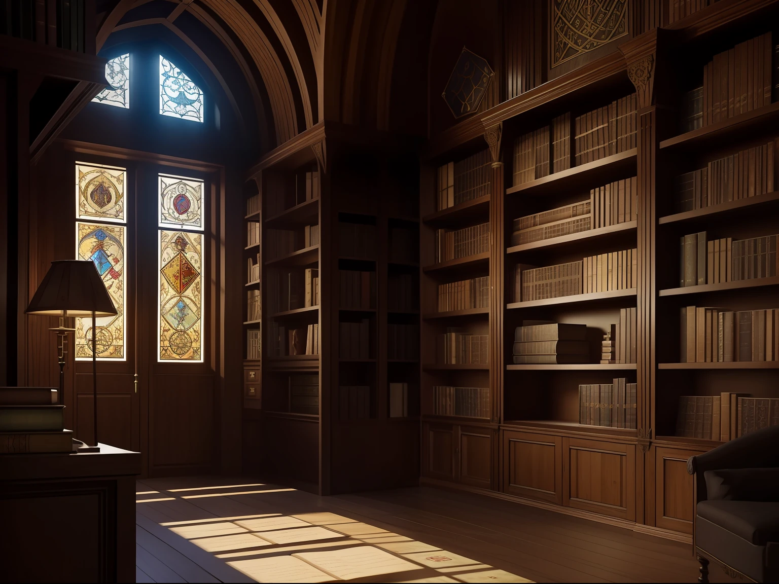 Biblioteca Arcana da Escola de Magia Medieval: A tranquil retreat where dark wooden bookshelves house antique tomes, priceless enchanted scrolls and grimoires. Each work is a window into arcane knowledge, contendo segredos que podem moldar destinos.