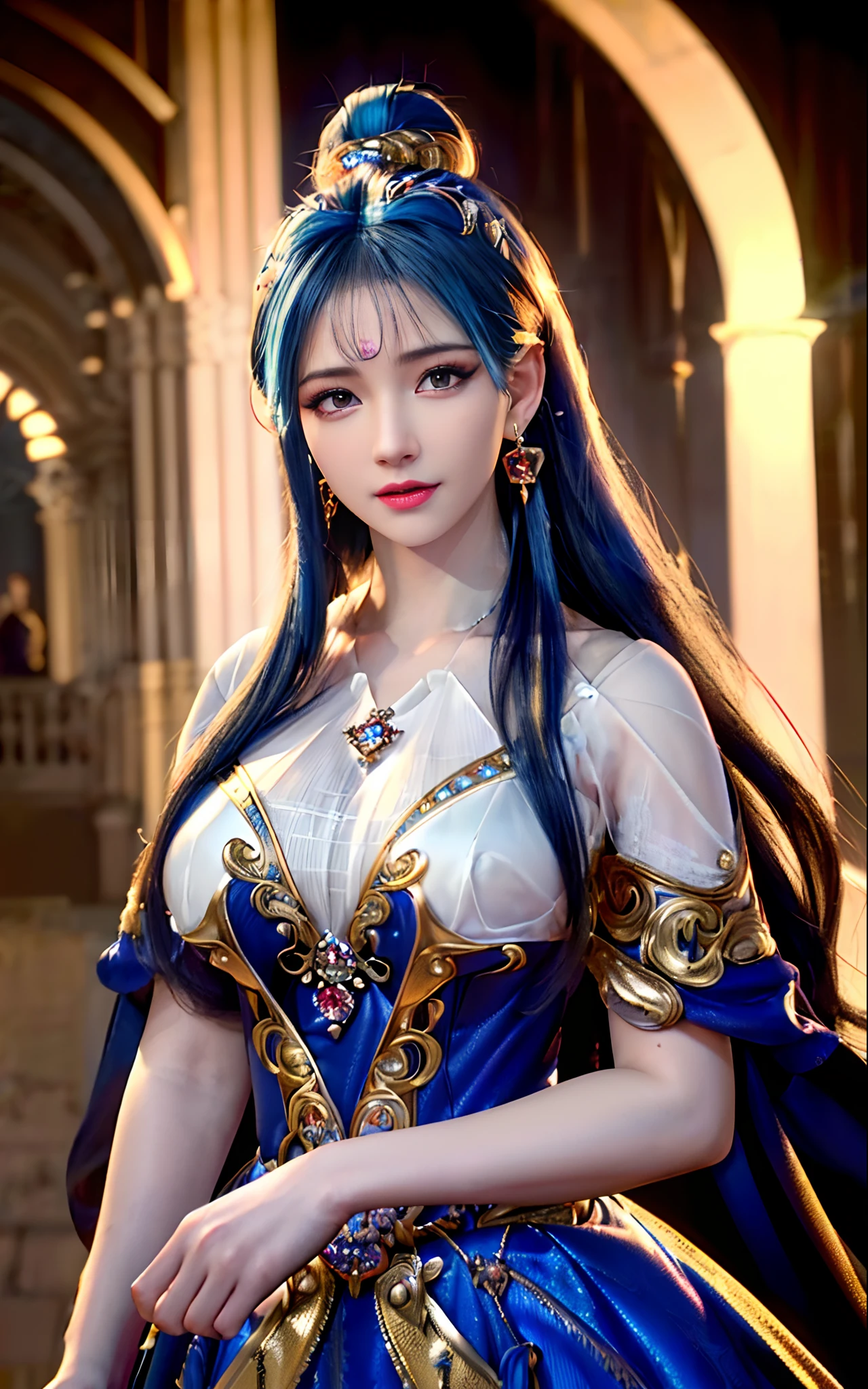 ((realisticity: 1.2)), ((realistic: 8K UHD)), ((best resolution: 8K UHD)), hyper detailed, best quality,masterpiece,highres,cg, ((1 girl hyper detailed and hyper realistic) ) , ((beautiful queen, hyper realistic and hyper detailed)),((white skin, beautiful, smooth, youthful, hyper realistic and hyper detailed )), ((Face hyper beautiful, white, hyper realistic and hyper detailed ) ), long hair, ((hyper realistic and hyper detailed dress)), solo, ((hyper realistic, hyper beautiful, beautiful and hyper detailed jewelry)), ((hyper beautiful deep red and golden yellow dress, hyper realistic and hyper detailed )) , ((Her pretty, hyper realistic, hyper detailed diamond filled earrings)), ((Her gorgeous diamond haircut, hyper realistic and hyper detailed)), ((hyper pretty upper body, hyper beautiful, hyper realistic and hyper detailed) ), ((medium breast: 1.5)), ((hyper realistic, hyper pretty, hyper detailed boobs)),   ((the backgroun of the royal palace is hyper majestic, hyper realistic and hyper detailed)),((hands and palms hyper beautiful, hyper detailed, hyper realistic)), ((hyper pretty, hyper pretty, hyper realistic and hyper detailed hair bun)), ((hyper pretty , hyper realistic and hyper detailed blue hair)), candid, Photo, high resolution, 8k , bokeh,