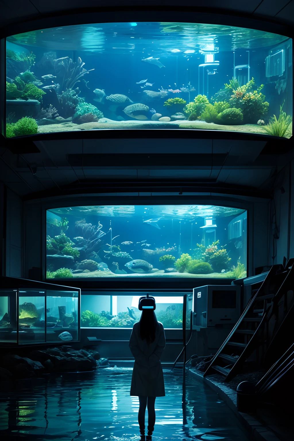 There is a huge fetus floating in the amniotic pool with a VR headset on its face in a huge tank in the center of the screen。Impressive scenery in a scene from a science fiction movie、There was a young woman by the side of a huge tank.、She is a scientist、The laboratory is underground and dimly lit.、Impressive blue proof and、Fluorescent light illuminates the surroundings、Although behind the huge aquarium there is a black dark darkness、If you look closely, you can see multiple huge tanks like pillars built according to perspective.、continue々You can see that it is arranged、Caricatured contemporary image、Landscape of the near future world