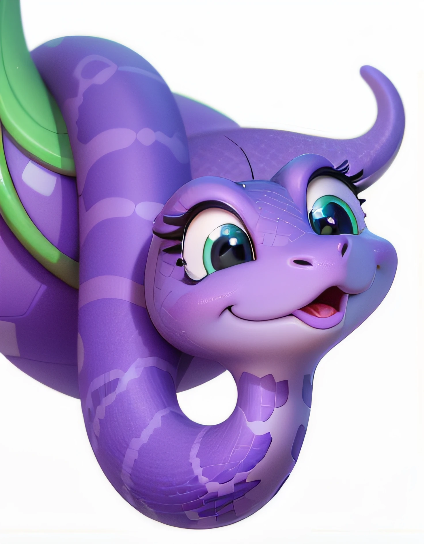 C4D cartoon snake,Blue-eyed purple snake, Very cute snake,Expression smiley face,Hang on a branch, soft delicate draconic features, Cute little snake, high qulity