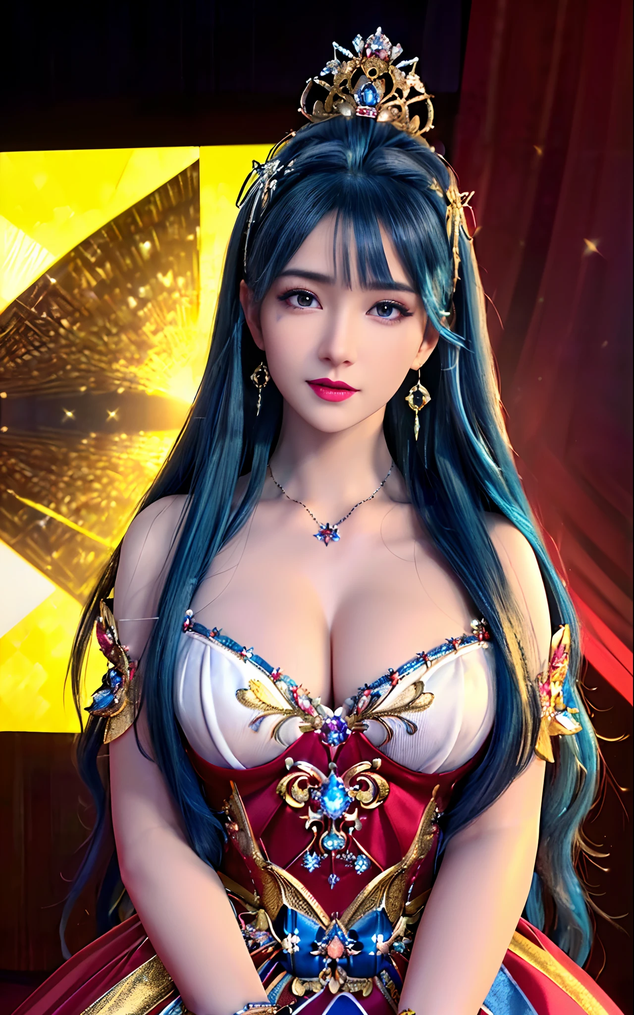 ((realisticity: 1.2)), ((realistic: 8K UHD)), ((best resolution: 8K UHD)), hyper detailed, best quality,masterpiece,highres,cg, ((1 girl hyper detailed and hyper realistic) ) , ((beautiful queen, hyper realistic and hyper detailed)),((white skin, beautiful, smooth, youthful, hyper realistic and hyper detailed )), ((Face hyper beautiful, white, hyper realistic and hyper detailed ) ), long hair, ((hyper realistic and hyper detailed dress)), solo, ((hyper realistic, hyper beautiful, beautiful and hyper detailed jewelry)), ((hyper beautiful deep red and golden yellow dress, hyper realistic and hyper detailed )) , ((Her pretty, hyper realistic, hyper detailed diamond filled earrings)), ((Her gorgeous diamond haircut, hyper realistic and hyper detailed)), ((hyper pretty upper body, hyper beautiful, hyper realistic and hyper detailed) ), ((medium breast: 1.5)), ((hyper realistic, hyper pretty, hyper detailed boobs)),   ((the backgroun of the royal palace is hyper majestic, hyper realistic and hyper detailed)),((hands and palms hyper beautiful, hyper detailed, hyper realistic)), ((hyper pretty, hyper pretty, hyper realistic and hyper detailed hair bun)), ((hyper pretty , hyper realistic and hyper detailed blue hair)), candid, Photo, high resolution, 8k , bokeh,