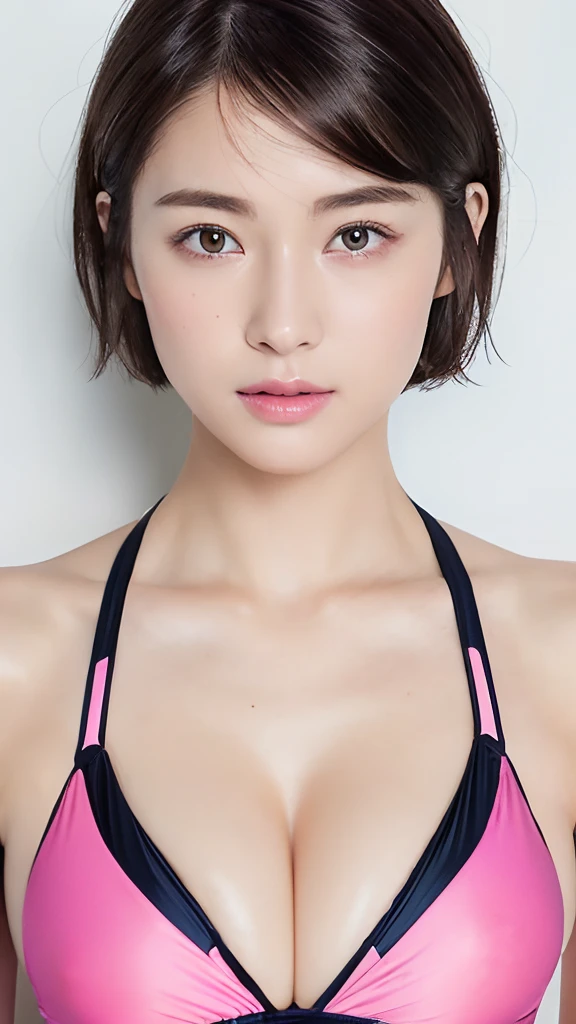 (​masterpiece:1.3), (8K, Photorealsitic, Raw photography, Top image quality: 1.4), japanes, (1girl in), beauitful face, (Lifelike face), (A dark-haired, short-hair:1.3), Beautiful hairstyle, Realistic eyes, Beautiful eyes, (real looking skin), Beautiful skin, enticing, 超A high resolution, A hyper-realistic, high-detail, the golden ratio, Detal Face,see the beholder,middlebreasts,Pink bikini swimsuit、Pink swimsuit、Colorful swimsuit、Colorful swimwear、Ultra-fine swimsuit、Pink swimsuit