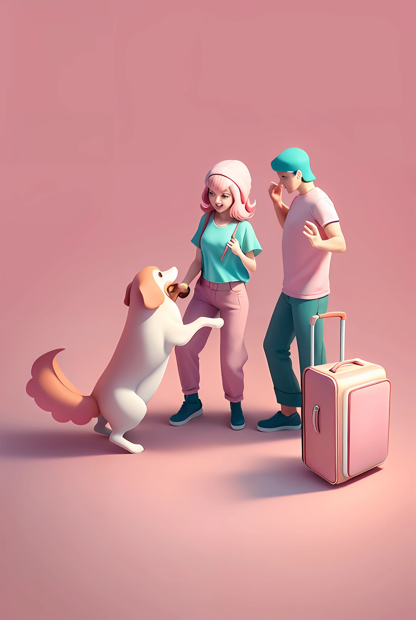 Drawing of a man and woman with a dog and a suitcase, Lighthearted atmosphere,Pink color scheme,Small Fresh