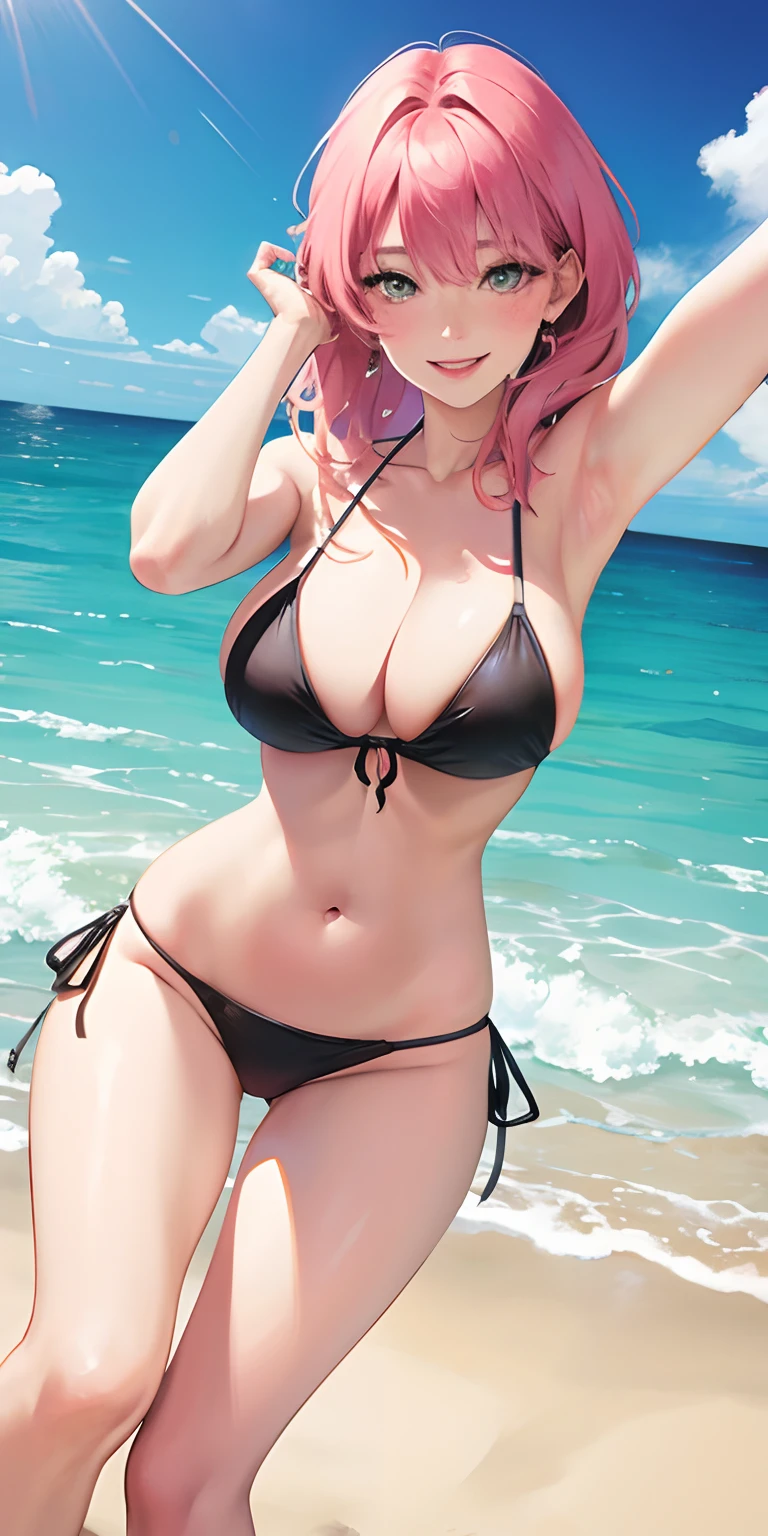 Realistic, single girl selfie, wearing bikini, big breasts, smiling face