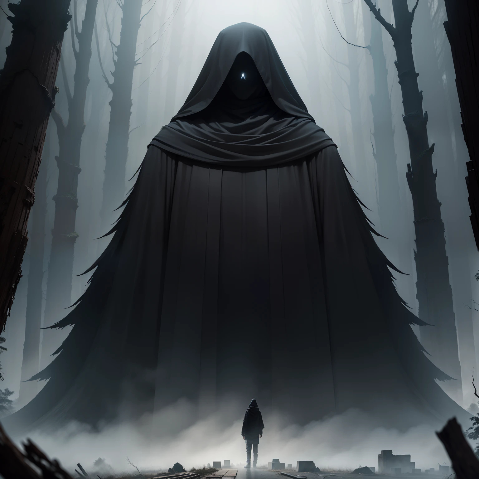 mtu,No face is completely black, You can't see it,The black clothes are wide,In the dark land,There are several withered dead trees,A bit of a dilapidated architectural remains,A silent world。novel cover,mtu。