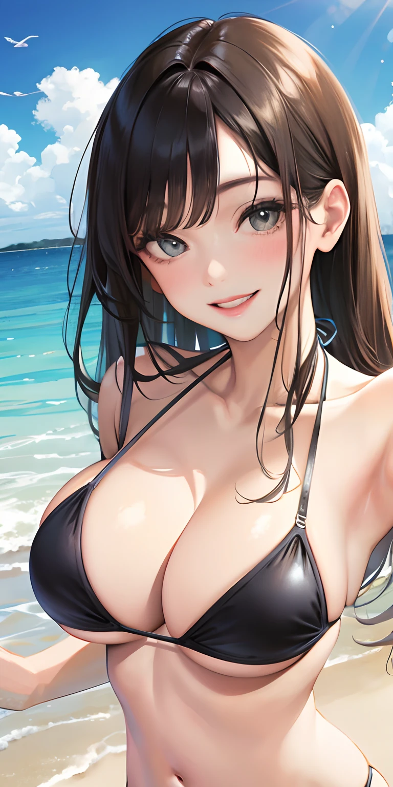 Realistic, single girl selfie, wearing bikini, big breasts, smiling face