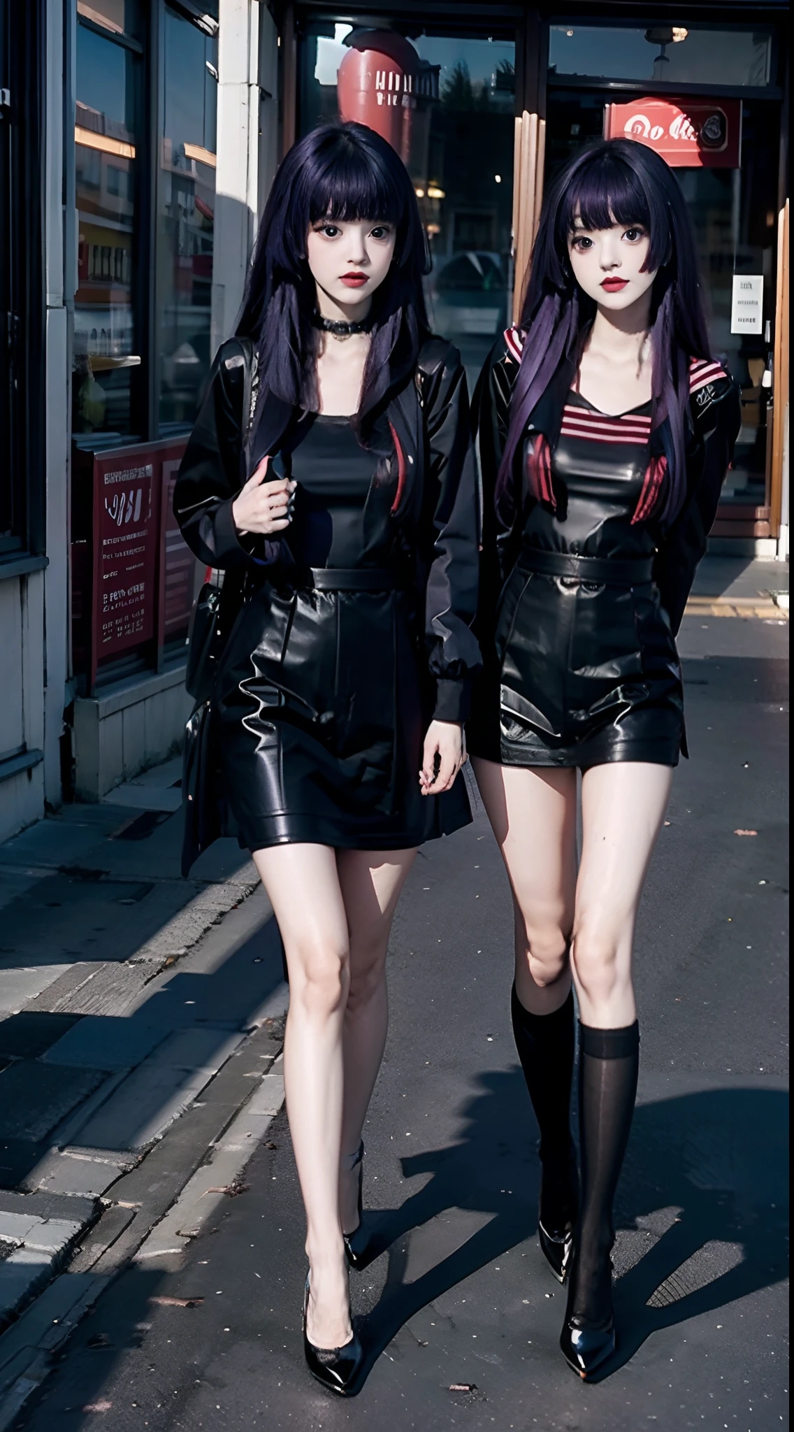 Two beautiful girls visit the store together,Black sailor suit with red stripes,stocklings,Deep purple hair