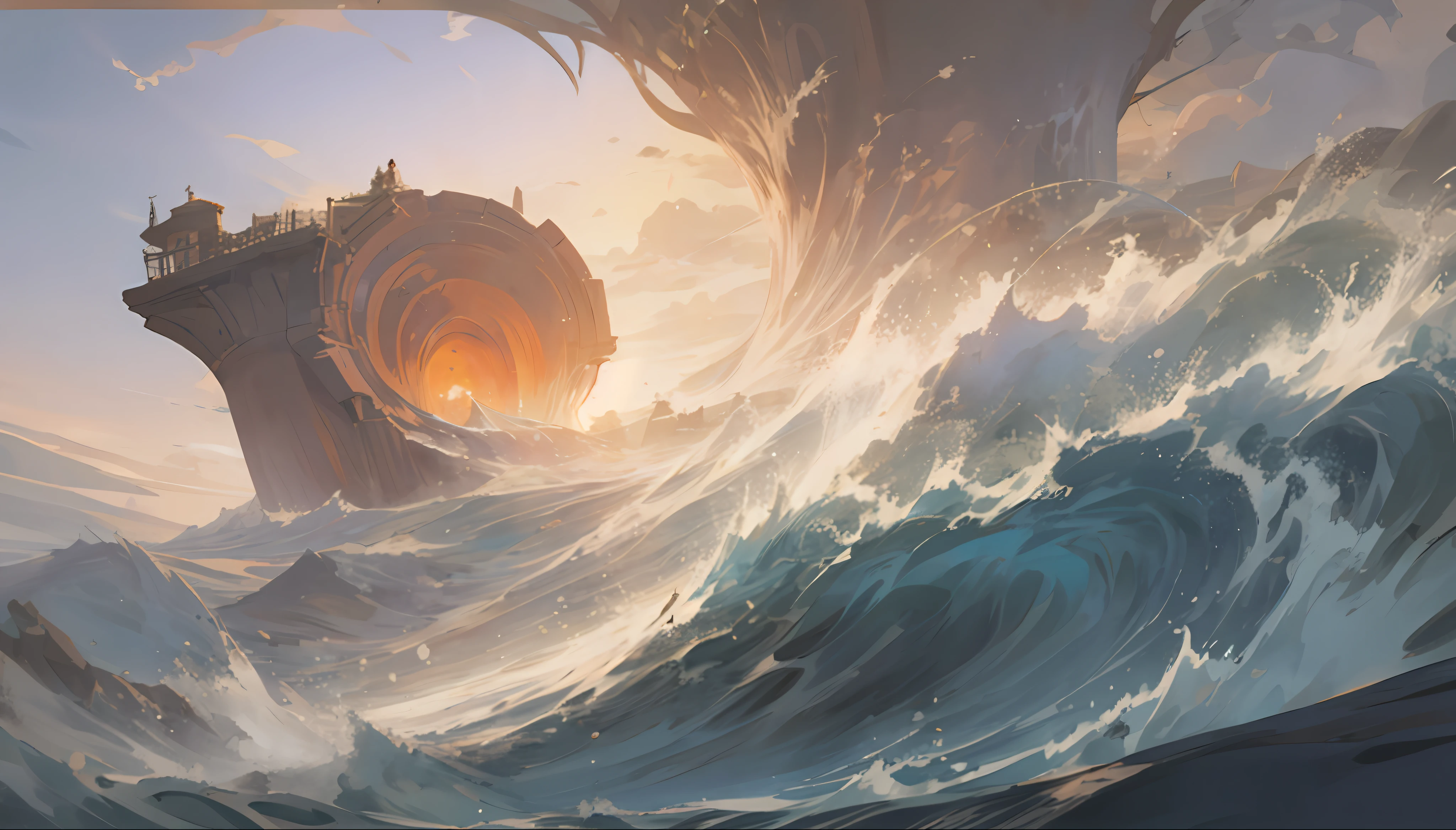 There's a man riding a wave in the ocean, inspirado em Noah Bradley, epic fantasy novel cover art, Directed by: Noah Bradley, Arquivo Stormlight, Noah Bradley. foco nítido, Directed by: Tyler Jacobson, Directed by: Daniel Ljunggren, Rob Rey, Arte conceitual de Noah Bradley, Silvain Sarrailh, standing in a maelstrom, fantasy RPG book illustration