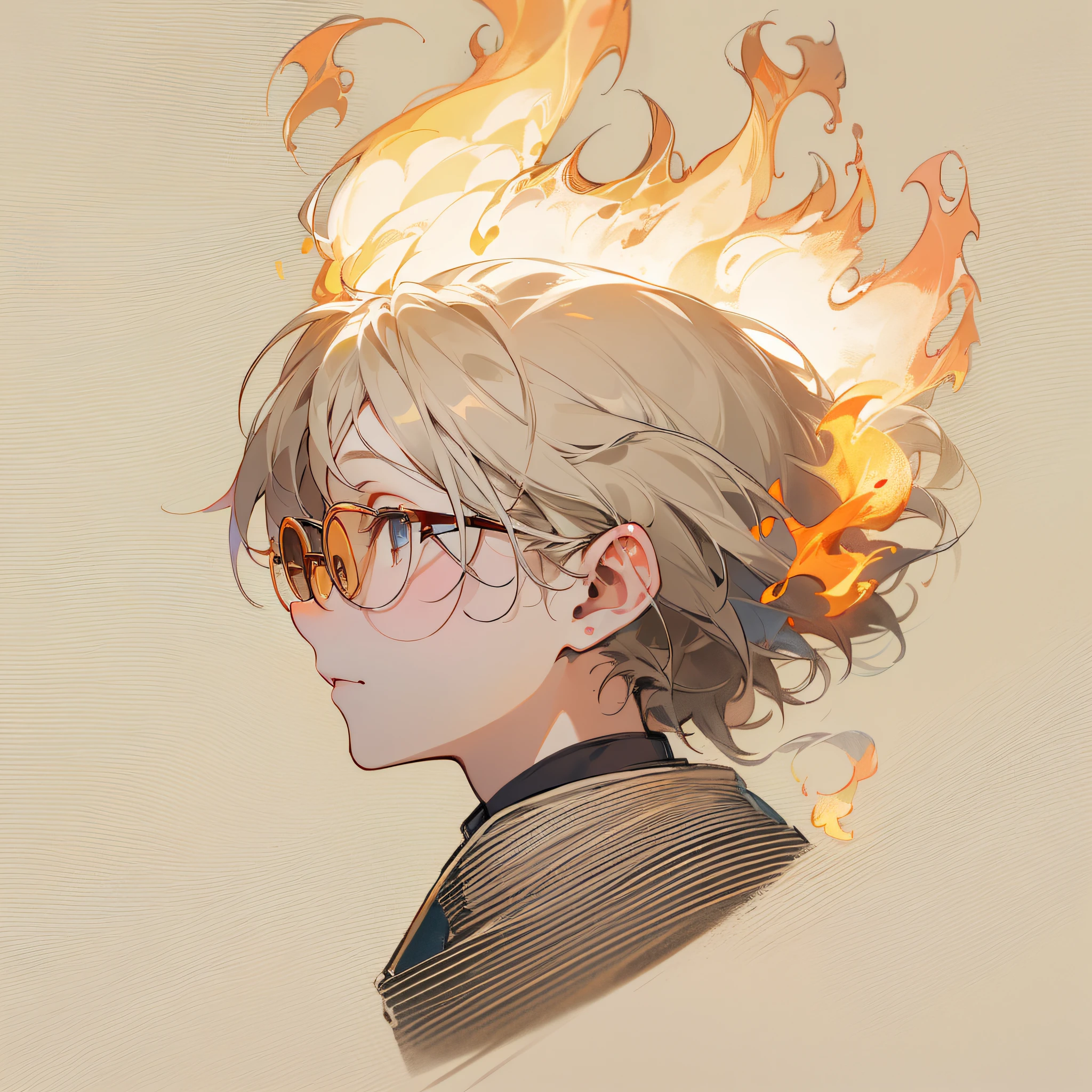 Neutral person with round glasses、profile、Being in the fire、