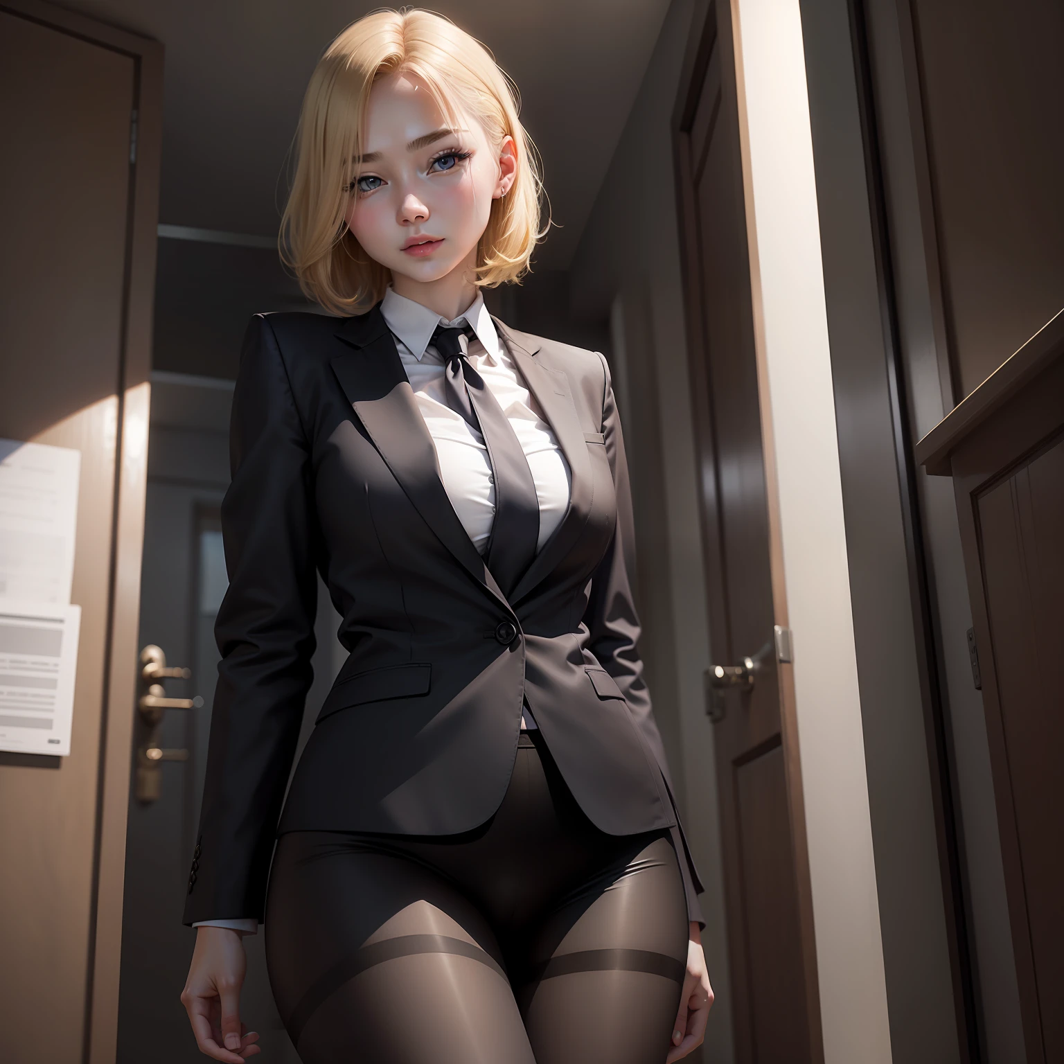 Russian woman、20yr old、Human skin feel、Realistic Woman、OL、Wear a suit、Stockings、ty、s Office、Solo Shot、short-cut、cool expression、a blond、