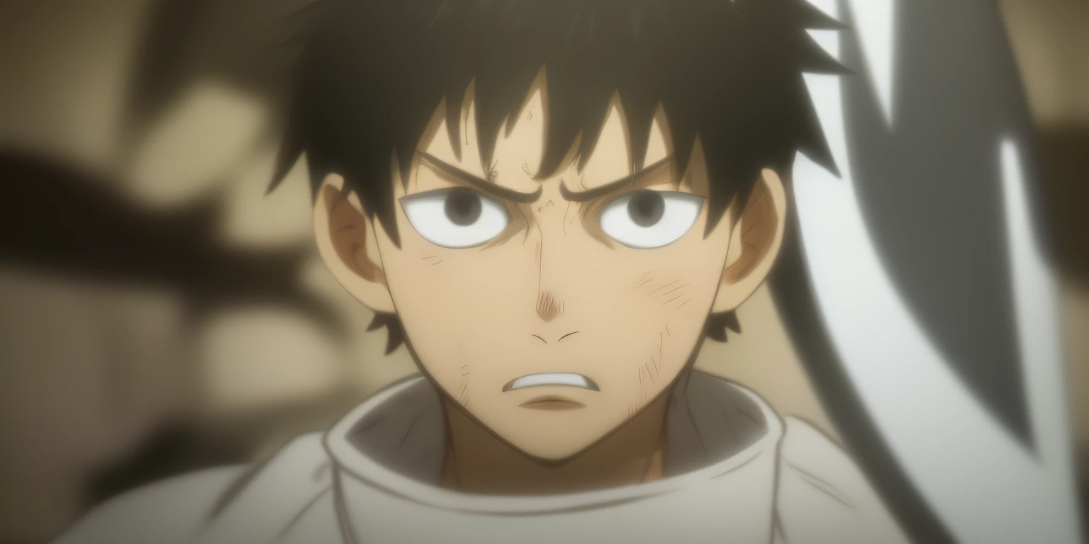 1boy, wanostyle, black hair, messy hair, short hair, black eyes, serious, angry, white turtleneck shirt, teeth, ((masterpiece)), (best quality), (extremely detailed), depth of field, sketch, dark intense shadows, sharp focus, soft lighting, hdr, colorful, good composition, spectacular, anime screencap, holding a sword, teen, 44k, 8k uhd,