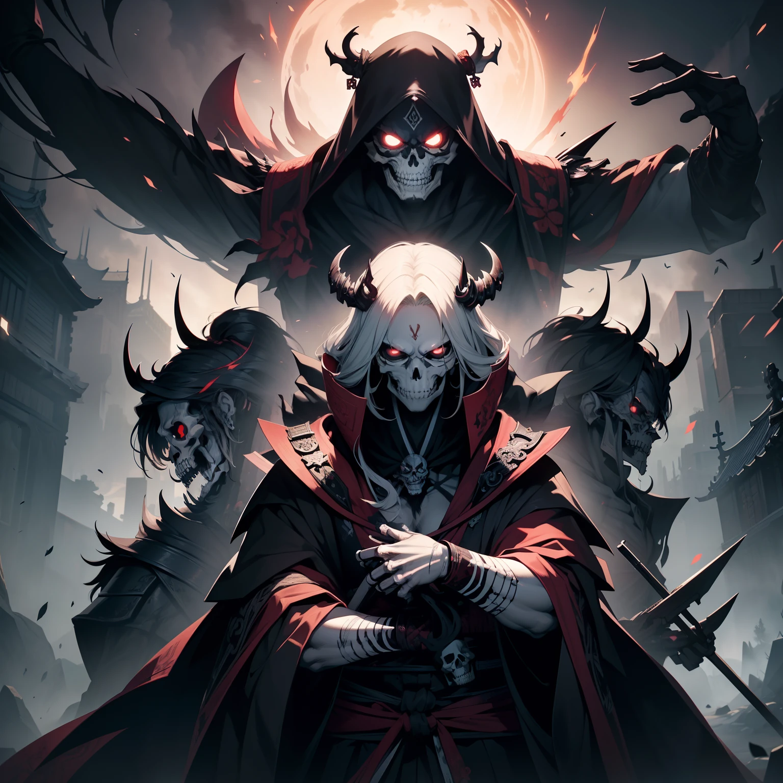 (masterpiece)、Skeleton Man、Ghost of the samurai、decedent、Dark、Drag into the abyss、the chaos、Character Painting、terrifying、The artwork、、epic exquisite character art、Approaching perfection、art stations、Temple on dark background、