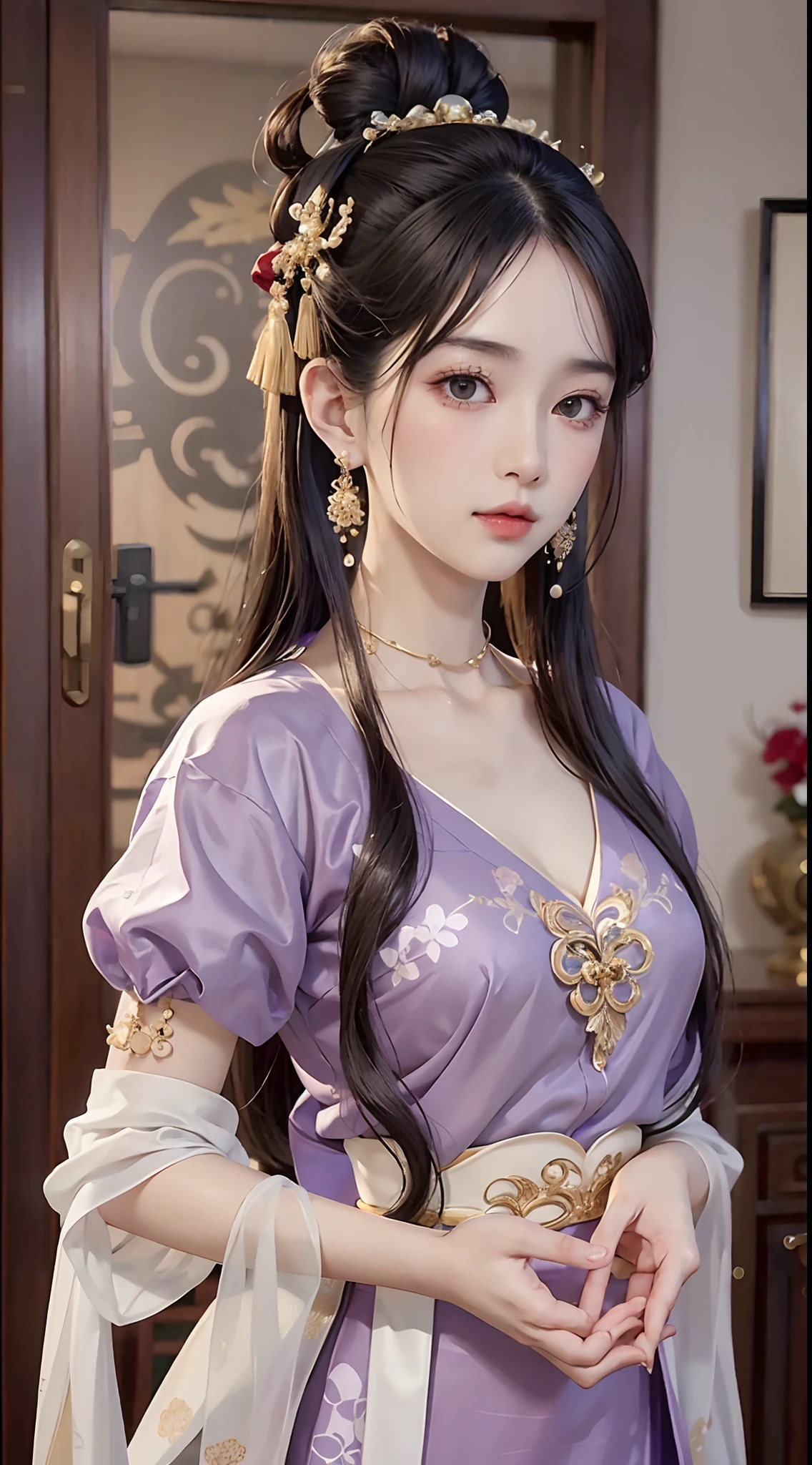 (8K, RAW photo, Photorealistic:1.25) ,( Gloss on lips, eyeslashes, gloss face, Glossy glossy skin, best qualtiy, 超高分辨率, depth of fields, color difference, Caustics, Wide light, naturalshadow, Kpop idol) Being in the room，European style，sitted，sliver long hair，red-white qipao，Red trim，Medium chest detail,8K resolution,超高分辨率,A young girl, A cute girl，short detailed hair，hair-bun，lipsticks，Tassel earrings，choker necklace，Black clear eyes，Smooth hair,鎖骨,Exquisite and perfect facial features, the most beautiful big eyes,Long eyelashes,The eyes are sweet and there are lying silkworms，dynamic angle,Extreme picture quality,Highest precision,Precise and perfect human anatomy，(((Antique purple and white Hanfu，gold embroidery)))，((sitted))，Warm scene，超高分辨率，Ultra-clear vintage black flowing hair，Delicate bun）By bangs，（Long flowing hair，With a bun:1.3）），Delicate collarbones，beautiful make up，Exquisite and perfect facial features，，Big watery eyes，Lying silkworm，Long eyelashes，The eyes are sweet and have eye shadow，Slim waist，Do not show your hands，，lipsticks，Blushlush，Delicate earring earrings，pearls necklace,hair-bun