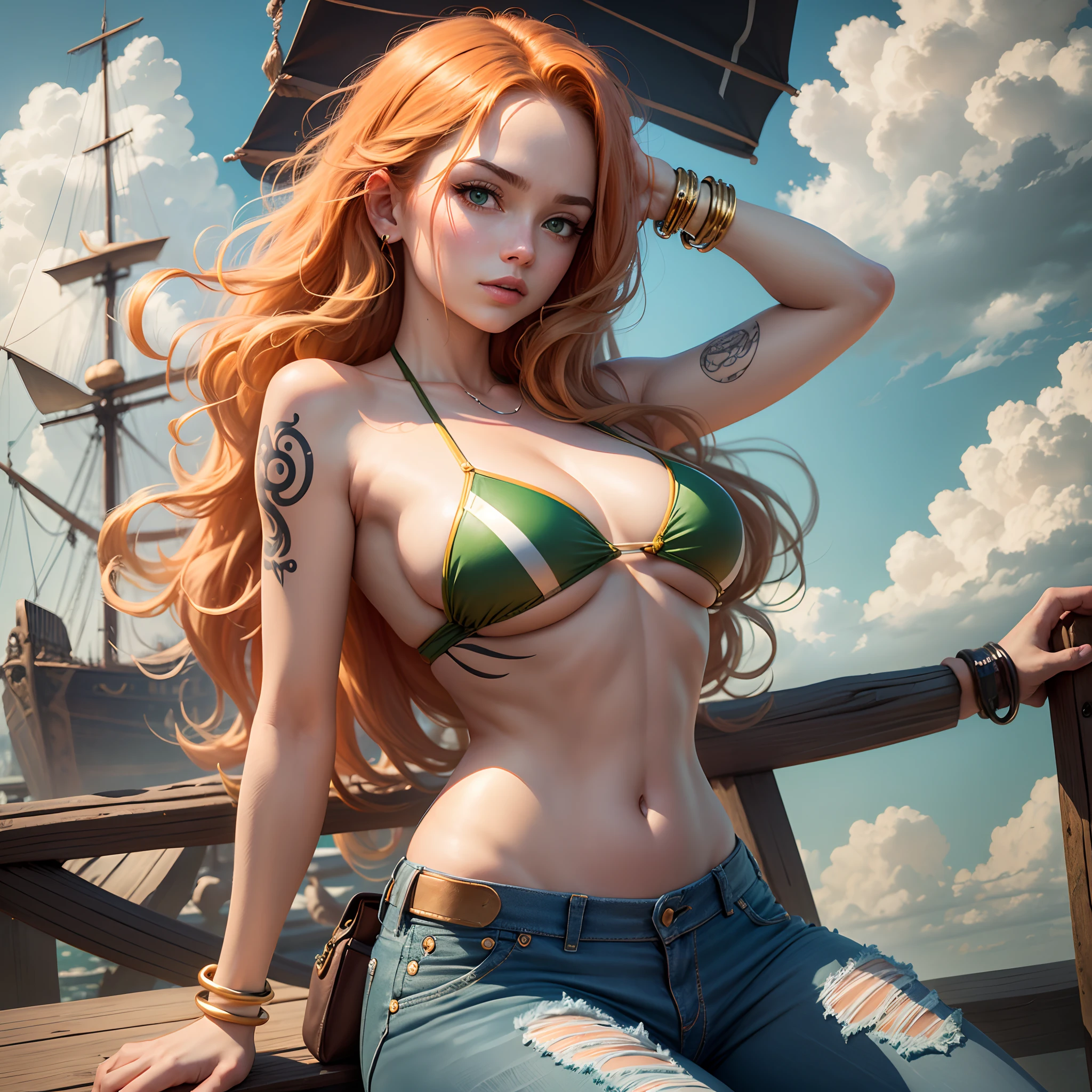 (((masterpiece+best quality+high resolution+ultra-detailed))), 1girl with clima-tact, Nami from One Piece, long silky orange hair, high nose, sharp eyes, noble and inviolable temperament, (([female]: 1.2 + [beauty]: 1.2 + orange long hair: 1.2)), pirate ship background, blue sky, clouds, log pose, gold bracelets, revealing green and white bikini halter top, tight low-rider jeans, shoulder tattoo, bright eyes, dynamic angle and posture. --auto --s2