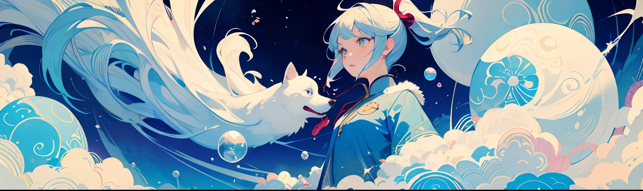 （（tmasterpiece））， （（ultra - detailed））， （（best qualtiy））， 美丽细致的眼睛， 详细的脸， The best lighting， The best shadow， 1girll，Long hair with white double ponytail，独奏， （（Classic Disney style， edge lit， Flat 2D style， Disney 2D））， （（The main colors are white and red））， Huge bubbles， （The girl inside the bubble：1.5）， Bubble Island， Bubbleland， A world made of bubbles， freckle， Cold nose， （（（Buble）））， Marbles， European and American cartoon inspiration， （highly  detailed）， Whirlpool effect，