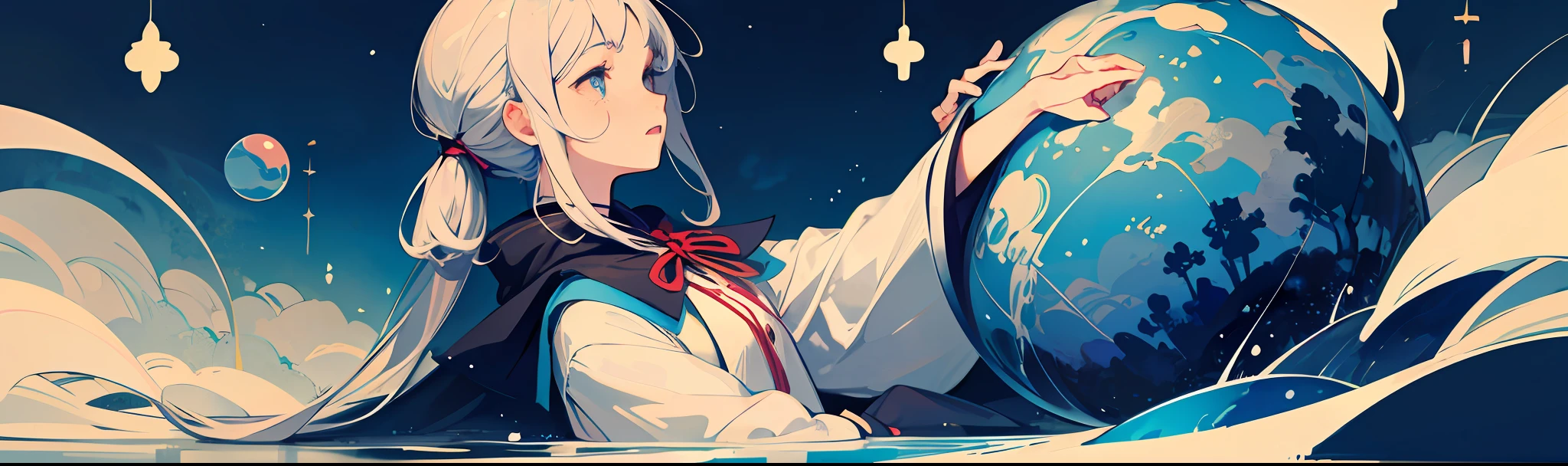 （（tmasterpiece））， （（ultra - detailed））， （（best qualtiy））， 美丽细致的眼睛， 详细的脸， The best lighting， The best shadow， 1girll，Long hair with white double ponytail，独奏， （（Classic Disney style， edge lit， Flat 2D style， Disney 2D））， （（The main colors are white and red））， Huge bubbles， （The girl inside the bubble：1.5）， Bubble Island， Bubbleland， A world made of bubbles， freckle， Cold nose， （（（Buble）））， Marbles， European and American cartoon inspiration， （highly  detailed）， Whirlpool effect，