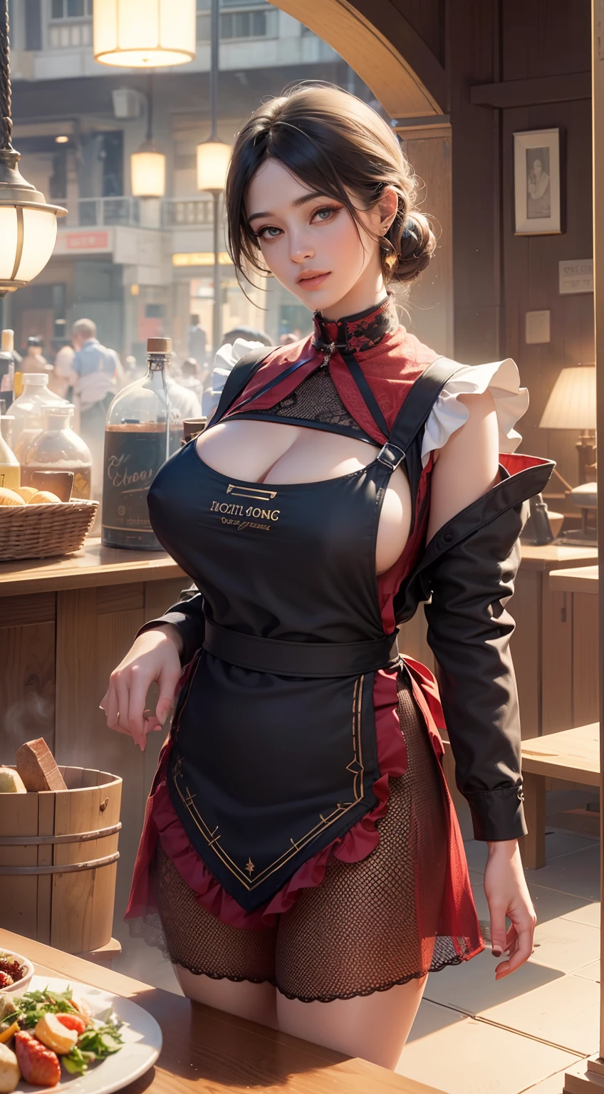 (()), (8K, RAW photo, Best quality, Masterpiece:1.2), (Realistic, photo-realistic:1.37), Ultra-detailed, full bodyesbian, 1girll, Solo, detailed restaurant, crowd of, Night, full bodyesbian, ((gigantic cleavage breasts, Huge breasts)), Beautiful detailed eyes, beautiful detailed lips, Professional lighting, photon maping, Radio City, Physically-based rendering, Extremely detailed eyes and face, Beautiful detailed eyes, light in face, Cinematic lighting, ((aprons:1.4, wardrobe_Bugs)), full body shot of, view the viewer, Indoors, working.