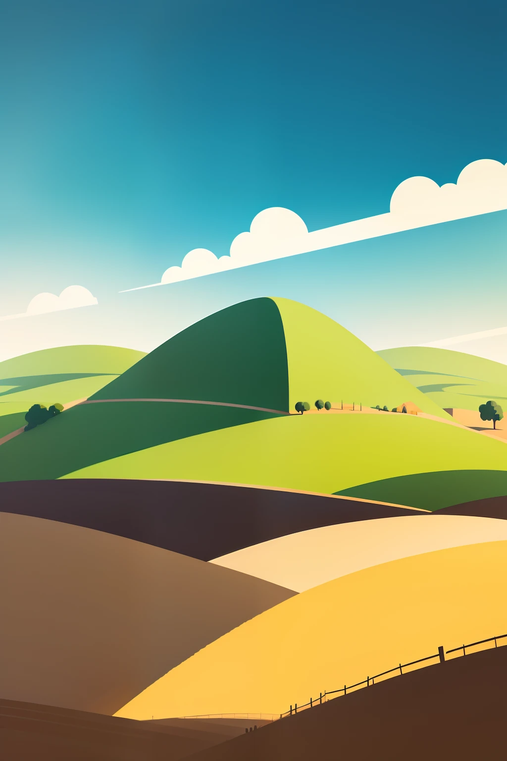 Draw a western rural hillscape inspired by Julian Opie with simple lines and bright block colors