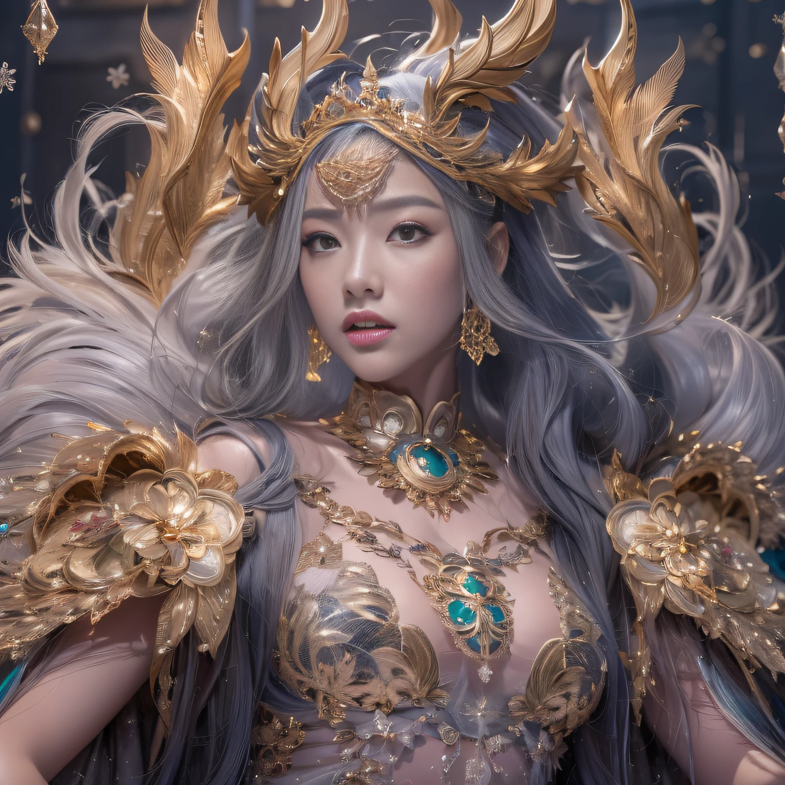 16k(tmasterpiece,k hd,hyper HD,16k)short detailed hair,Gold jewelry area in the back room,King Girl ,Silver Dragon Protector (realisticlying:1.4),Python pattern robe,Purple-pink tiara,Snowflakes fluttering,The background is pure,Hold your head high,Be proud,The nostrils look at people, A high resolution, the detail, RAW photogr, Sharp Re, Nikon D850 Film Stock Photo by Jefferies Lee 4 Kodak Portra 400 Camera F1.6 shots, Rich colors, ultra-realistic vivid textures, Dramatic lighting, Unreal Engine Art Station Trend, cinestir 800,Hold your head high,Be proud,The nostrils look at people