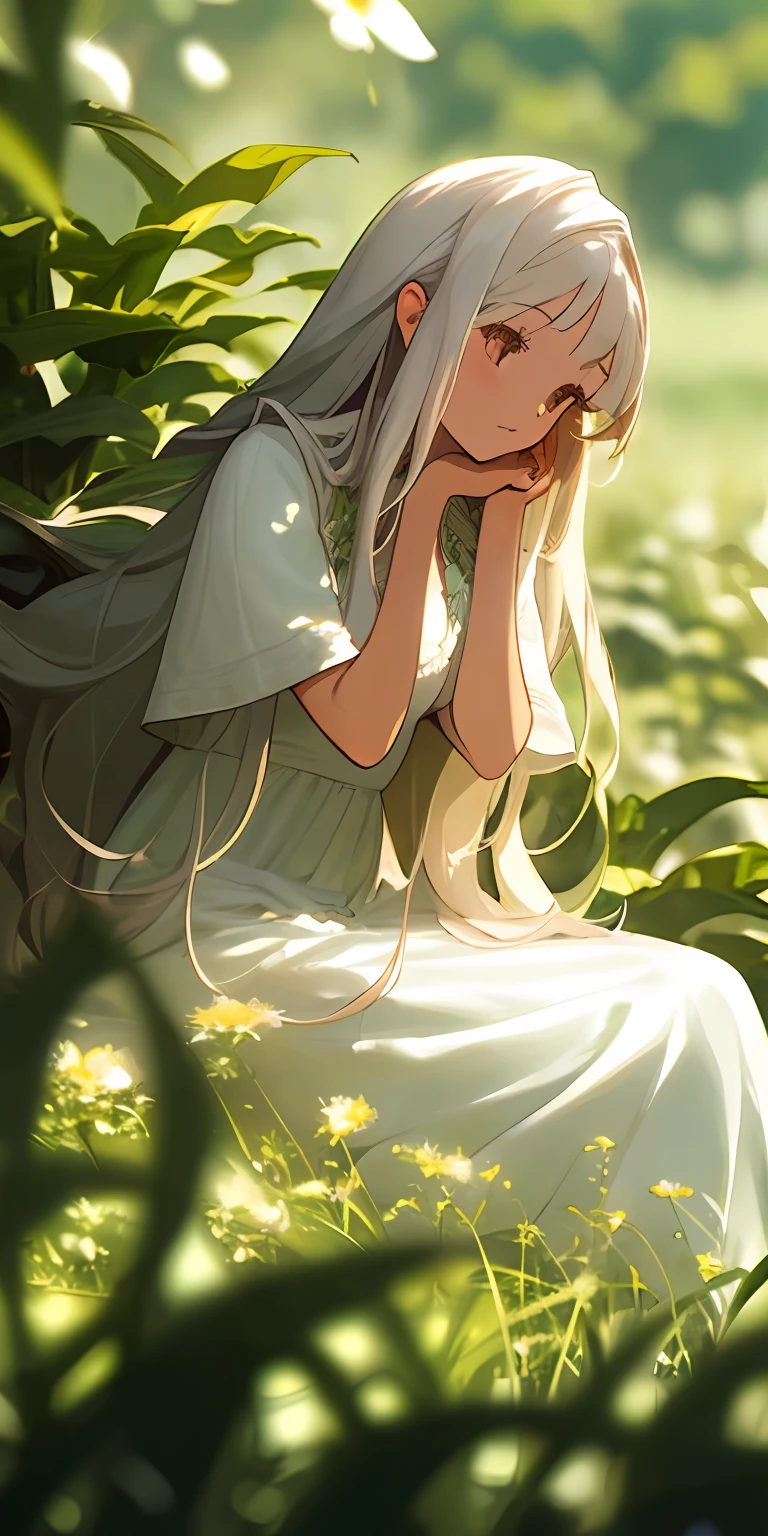 (masterpiece, best quality),1girl with long white hair sitting in a field of green plants and flowers, her hand under her chin, warm lighting, white dress, blurry foreground