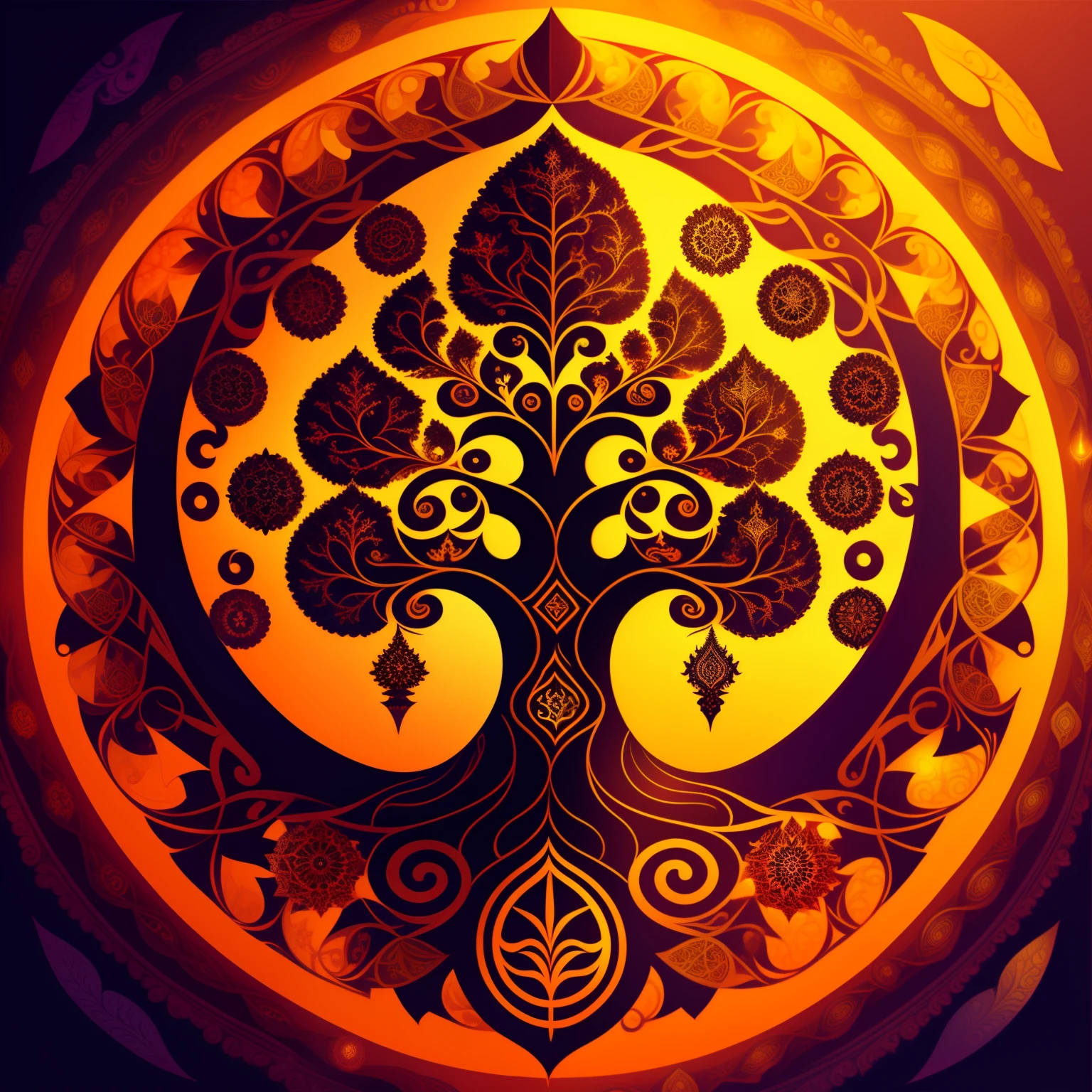 Sacred divine tree Hindu psytrance logo, fractal symbols scattered in the background