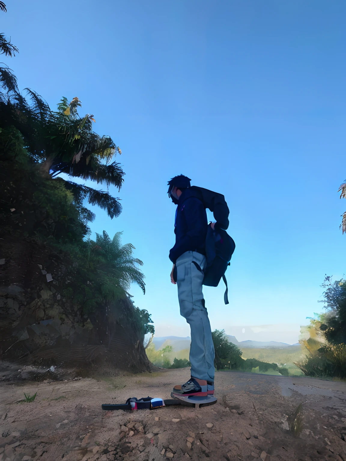 there is a man standing on a skateboard on a road, taken on go pro hero8, standing on a hill, extreme low angle long shot, shot on gopro9, standing on a cliff, standing on mountain, standing in road, standing on a cliffside, wide angle full body, shot on nikon d 3 2 0 0, distant full body shot