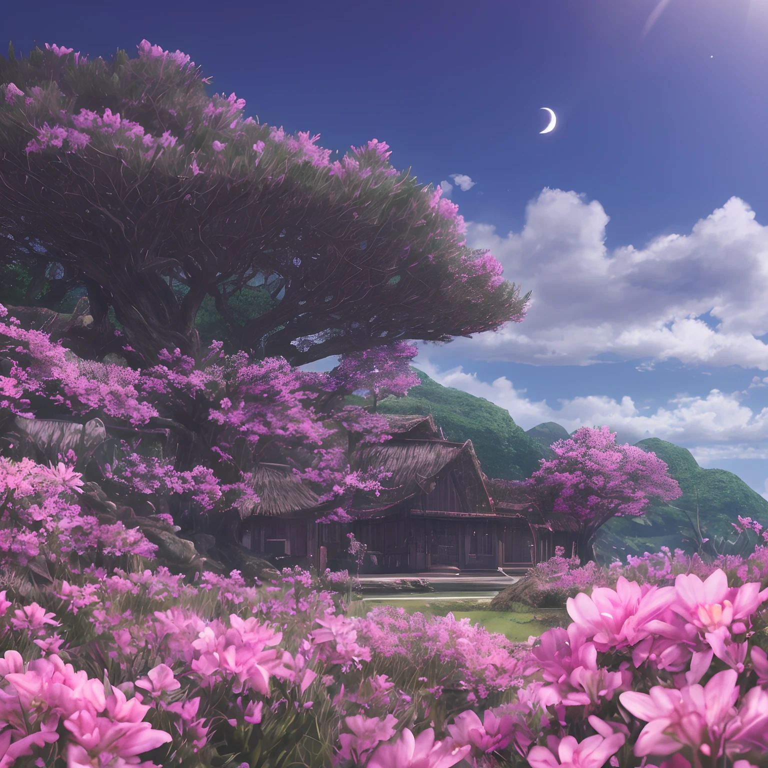 (xenoblade:1.3), Intricate, Highly detailed, art stations, smooth, Sharp, Focus, (Intricate:1.1), (Highly detailed:1.1), landscape, rendering by octane, smooth, Sharp focus, 35mm, (analogue style:1.0), (Photorealistic:1.3), (Clouds:1.1), (dawn:1.1), (Pink flowers), sakura, thatched hut,(Night:1.4), (Ocean:1.2)