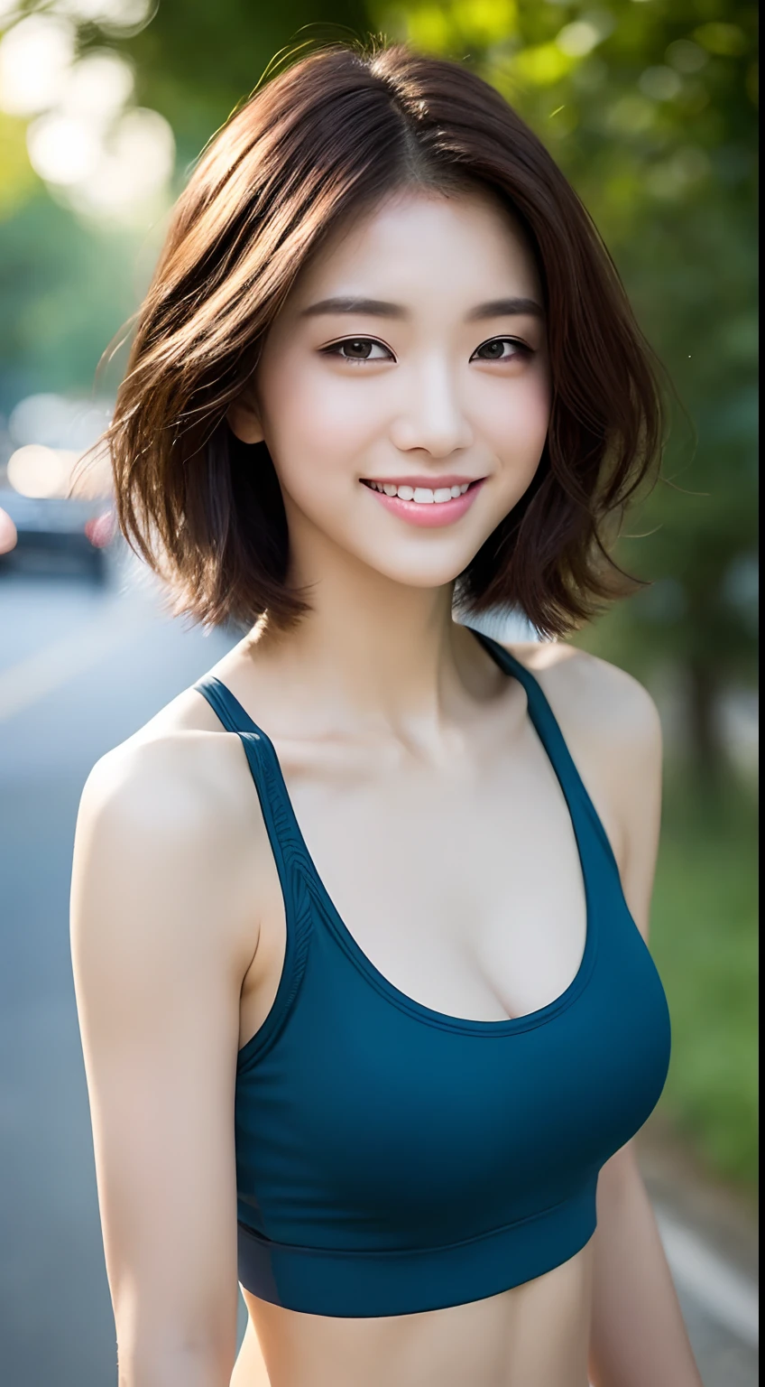 ((Top Quality, 8k, Masterpiece: 1.3)), Sharp Focus: 1.2, Perfect Body Shape Pretty Woman: 1.4, Slender Abs: 1.2, (Layered Haircut, Big: 1.8), (Sports Bra: 2.0), (Jogging: 1.8), (Street: 1.2), Highly Detailed Face and Skin Texture, Detailed Eyes, Double Eyelids, Smile, Bokeh,